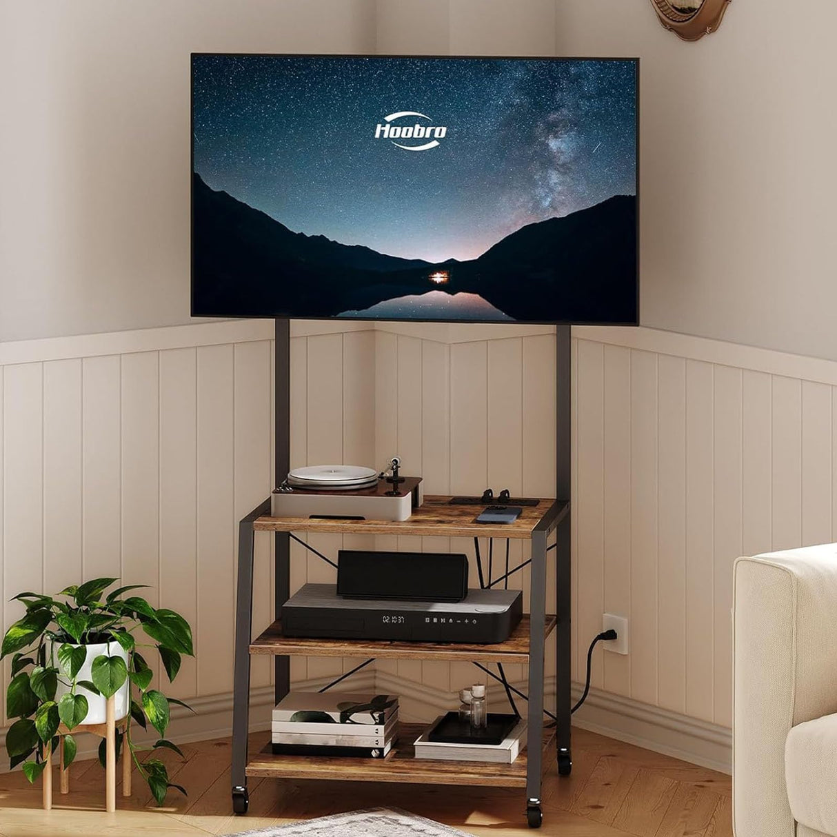 HOOBRO Rolling TV Stand with Mount and Power Outlet Up to 55 inch TV, Corner Entertainment Center, Small TV Stand with 3-Tier Storage Shelves for Living Room, Bedroom, Rustic Brown and Black BF66UDS01 HOOBRO