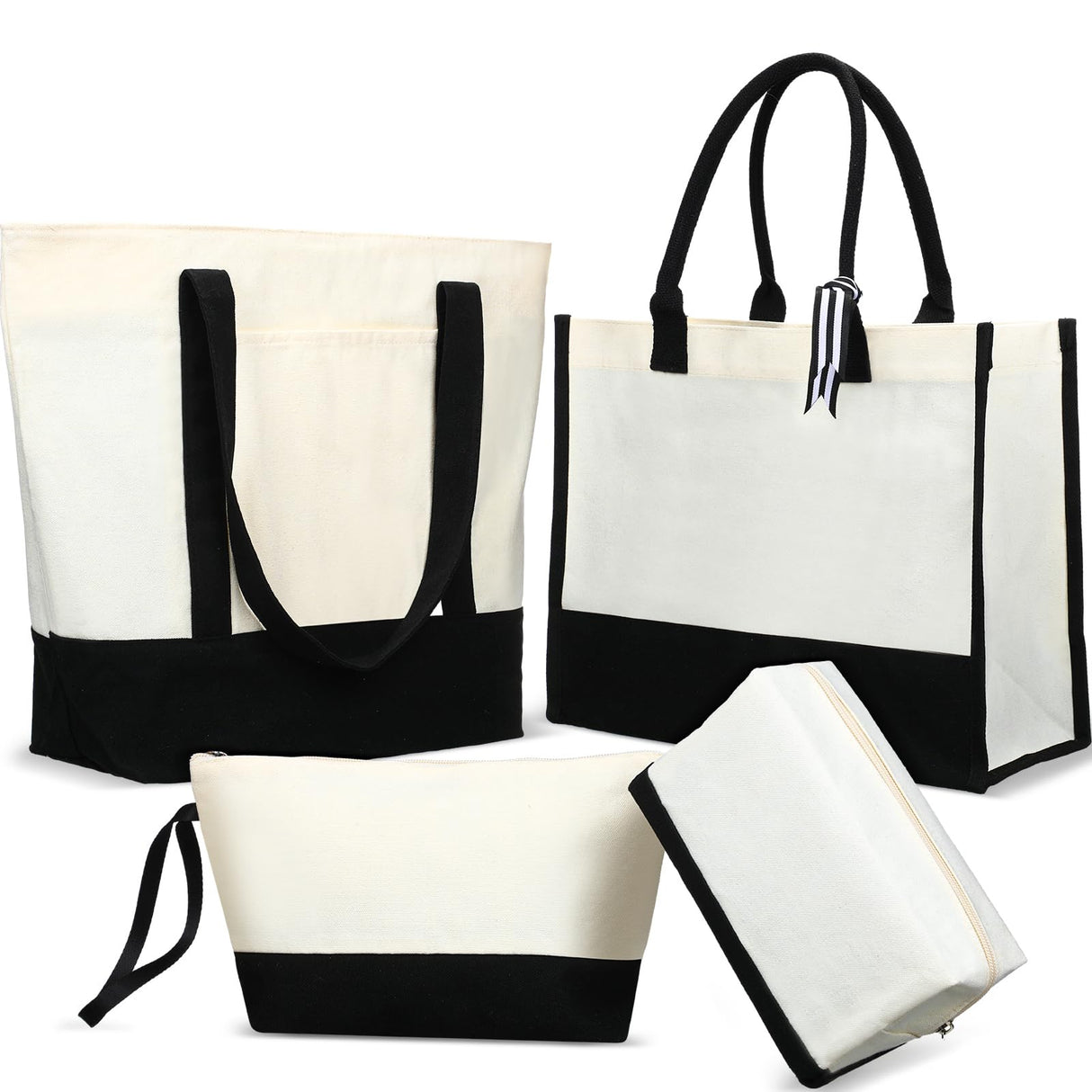 Sanwuta 4 Pack Sublimation Canvas Tote Bags DIY Canvas Makeup Bags Reusable Grocery Bags with Handles Cosmetic Bag(Black White) Sanwuta