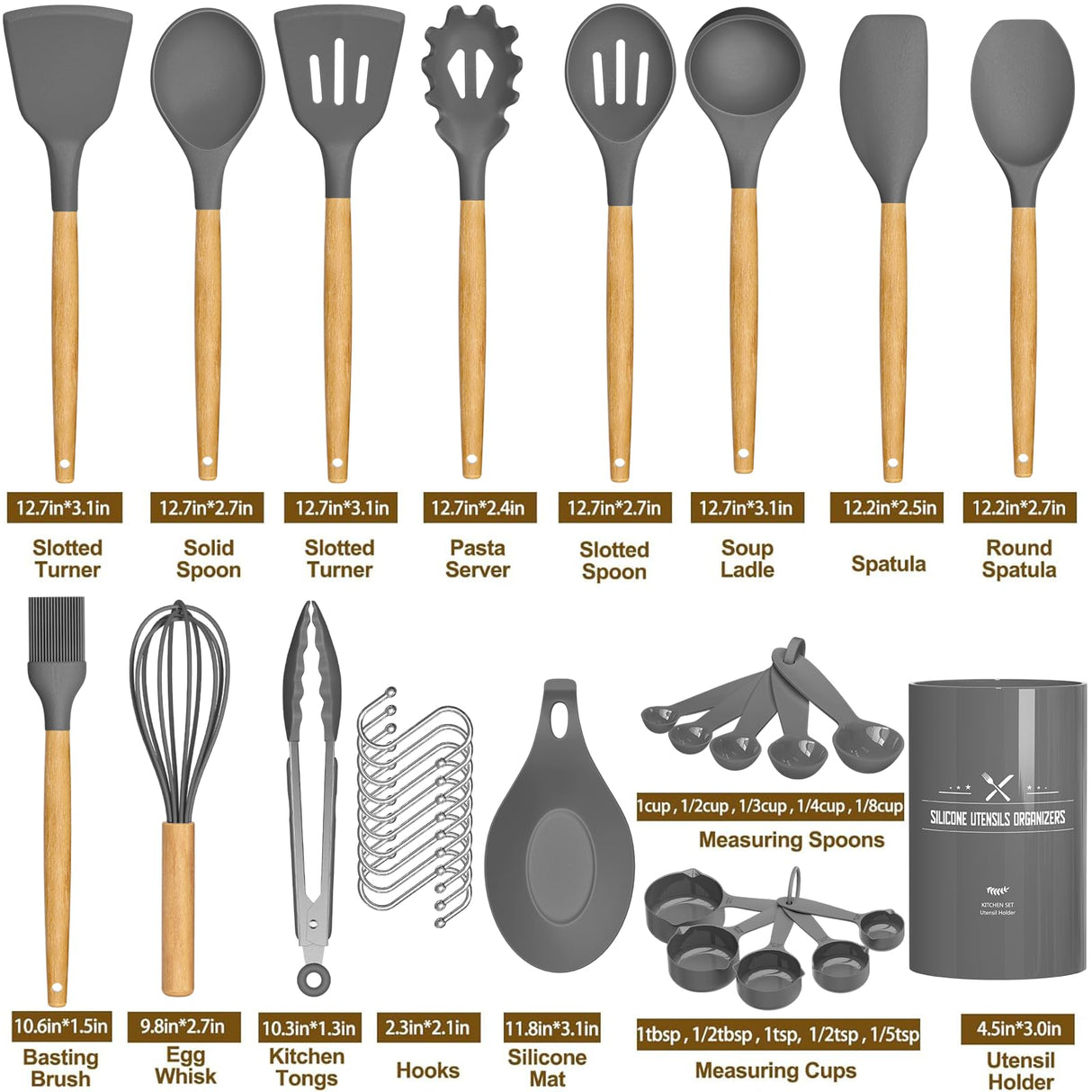 Umite Chef Kitchen Cooking Utensils Set, 33 pcs Non-stick Silicone Utensils Spatula Set with Holder, Wooden Handle Heat Resistant Silicone Kitchen Gadgets Utensil Set (Gray) Umite Chef