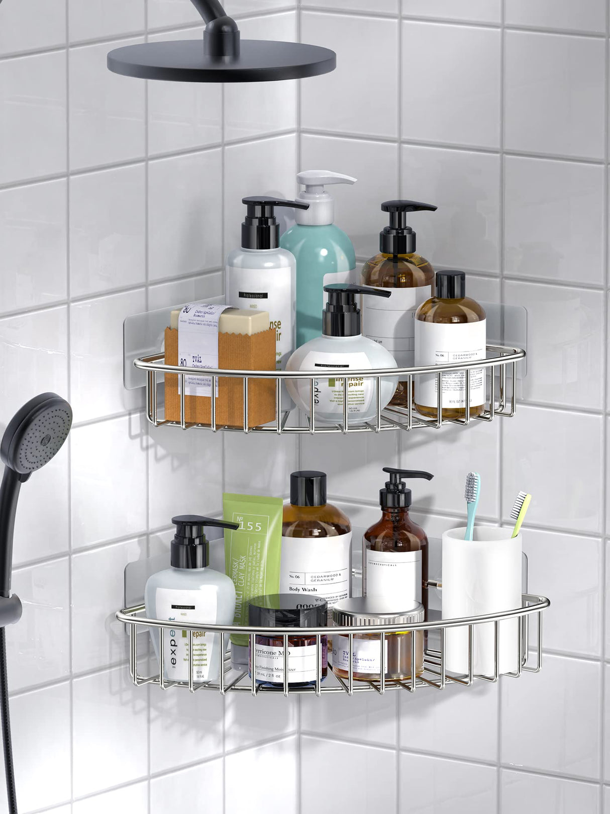 SMARTAKE 2-Pack Corner Shower Caddy, SUS304 Stainless Steel, Wall Mounted Bathroom Shelf with Adhesive, Storage Organizer for Toilet, Dorm and Kitchen (Silver) SMARTAKE