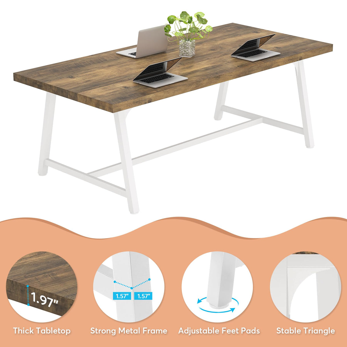 Tribesigns 6FT Rectangle Conference Table, 70.87L x 33.46W x 29.92H Inches Meeting Table for Conference Room, Vintage Wood Office Executive Desk with Strong Metal Frame for 6 People (Oak) Tribesigns