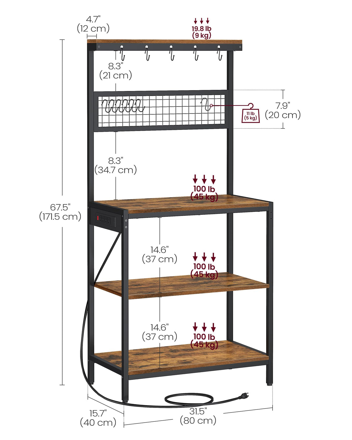 VASAGLE Bakers Rack with Charging Station, 31.5 Inches Coffee Bar Stand with Adjustable Storage Shelf, Grid Panel, 12 Hooks, Table for Microwave, Kitchen, Rustic Brown and Ink Black UKKS016K01 VASAGLE