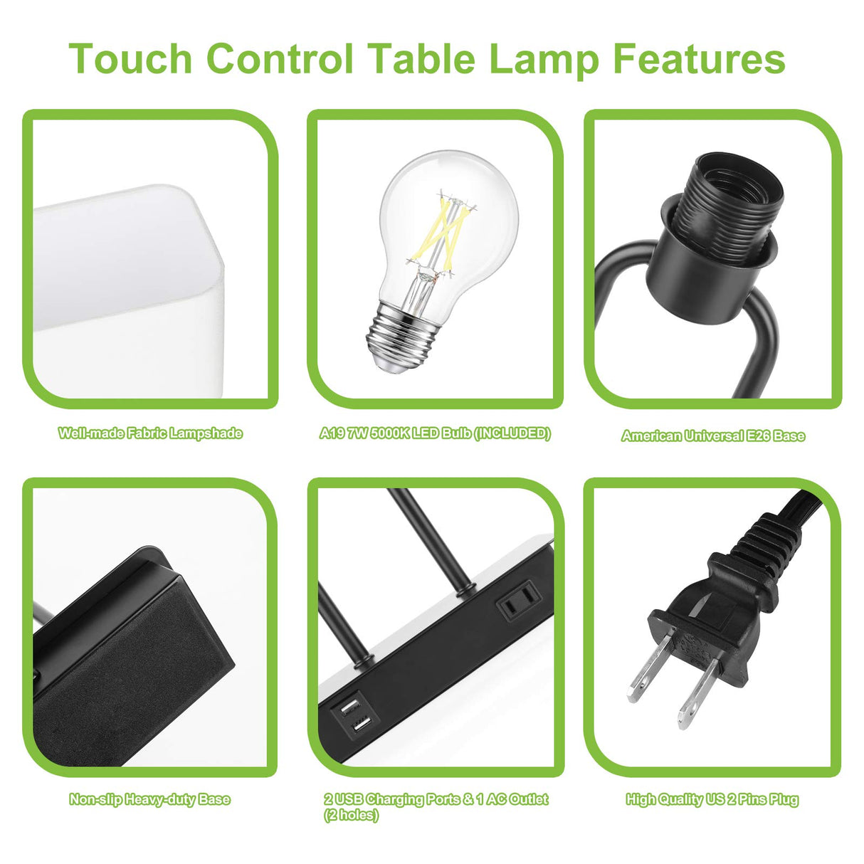 Bedside Touch Control Table Lamp with Dual USB Charging Ports 1 AC Outlet, 3 Way Dimmable Modern Nightstand Lamp with White Fabric Shade, Desk Lamp for Bedroom Living Room Office with 5000K LED Bulb Lakumu