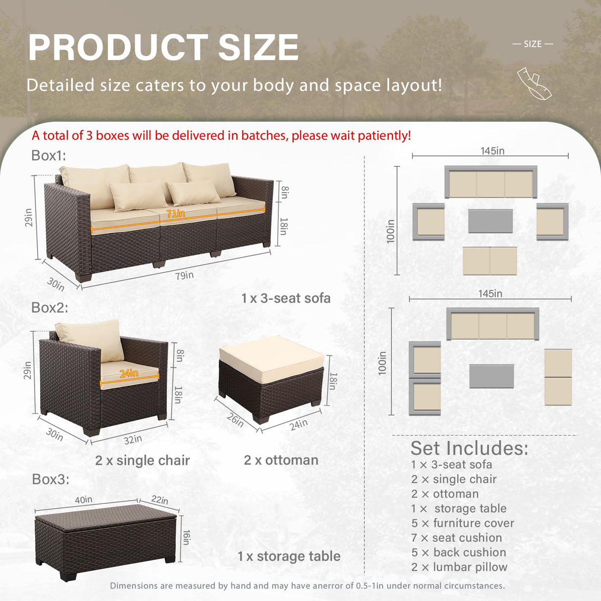 Rattan Star 6 Pieces Patio Outdoor Furniture Outdoor Conversation Sets Wicker Sofa Set with Outdoor Couch Patio Chairs Storage Coffee Table Khaki Cushions Waterproof Covers Rattan Star