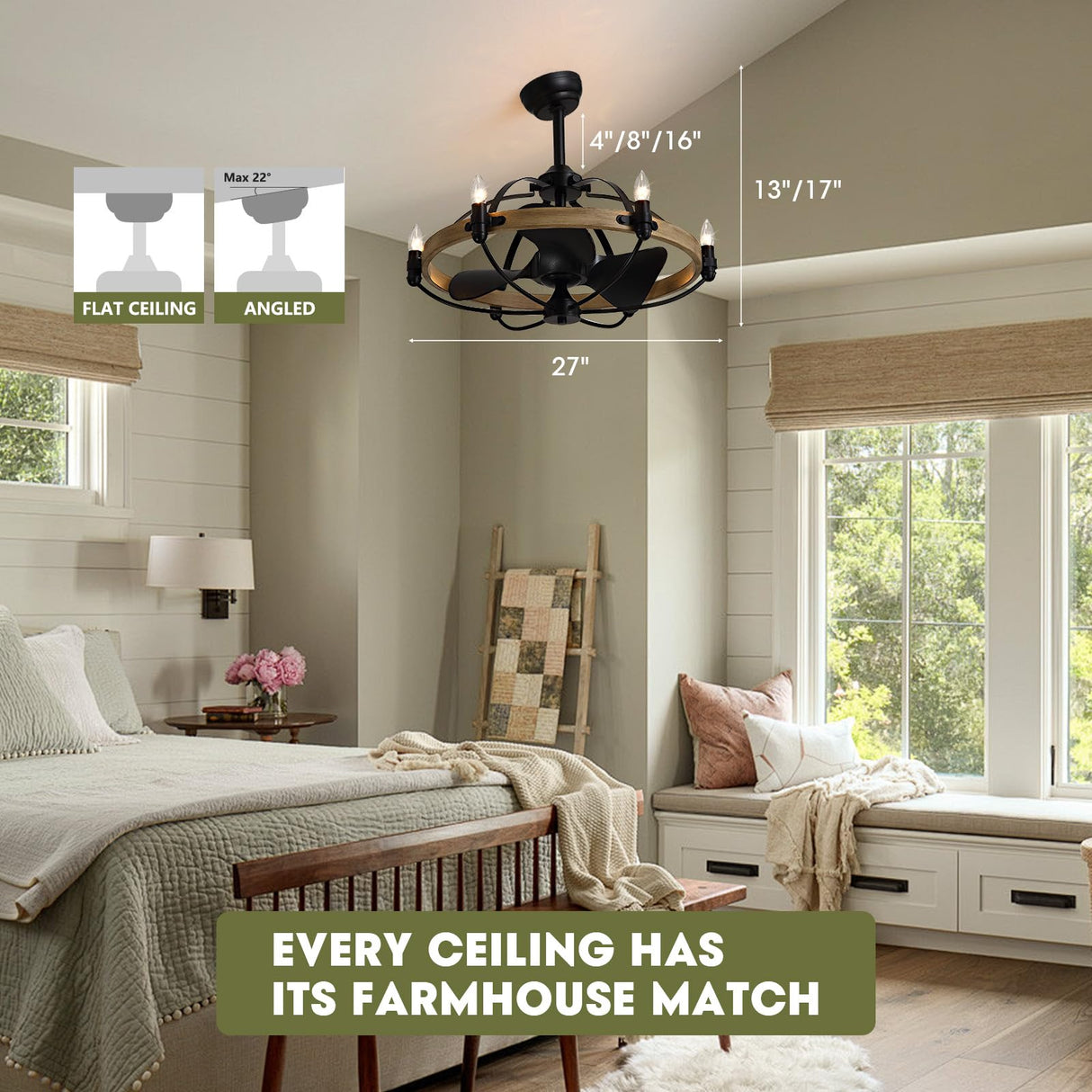 Industrial Caged Ceiling Fan with Lights, 27" Farmhouse Fandelier with Remote Control, 6-Speed Quiet Reversible Motor, E12 Base, Rustic Black and Wood Finish, No Bulbs Included Fansconce