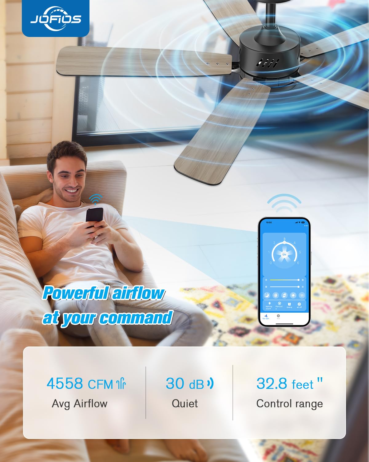 JOFIOS Ceiling Fans with Lights,48 inch Ceiling Fan with Light and Remote,Reversible,3CCT,6-speeds,Dimmable,Noiseless,Black Ceiling Fan for Bedroom, Kitchen,Living Room JOFIOS