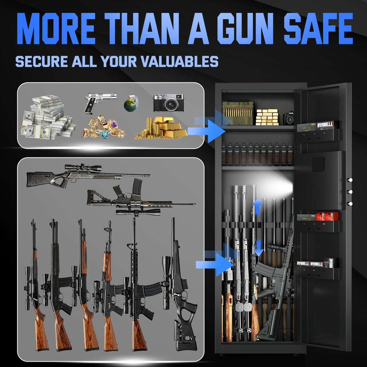 Lnoauys 8-10 Gun Safe for Rifles and Pistols, Gun Cabinets for Rifles and Shotguns, Long Gun Safe for Home Rifle and Pistols with Dual Alarm & Mute Mode, Gun Cabinet with Quick Access and Gun Rack Lnoauys