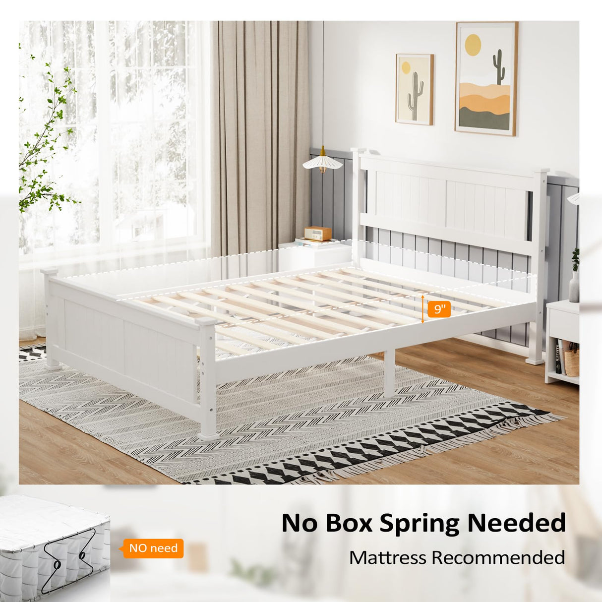 VINGLI Full Bed Frame with Headboard Wood Double Platform Panel Bed, No Box Spring Needed,White VINGLI