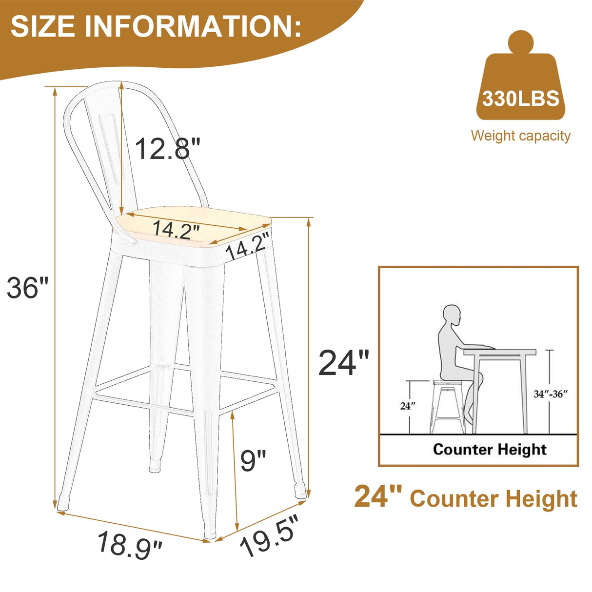 Andeworld Metal Bar Stools Set of 2, 24 inch Counter Height Barstools with Backs Farmhouse Modern High Back Bar Stools with Larger Seat Kitchen Dining Bar Chairs,Matte Black Andeworld