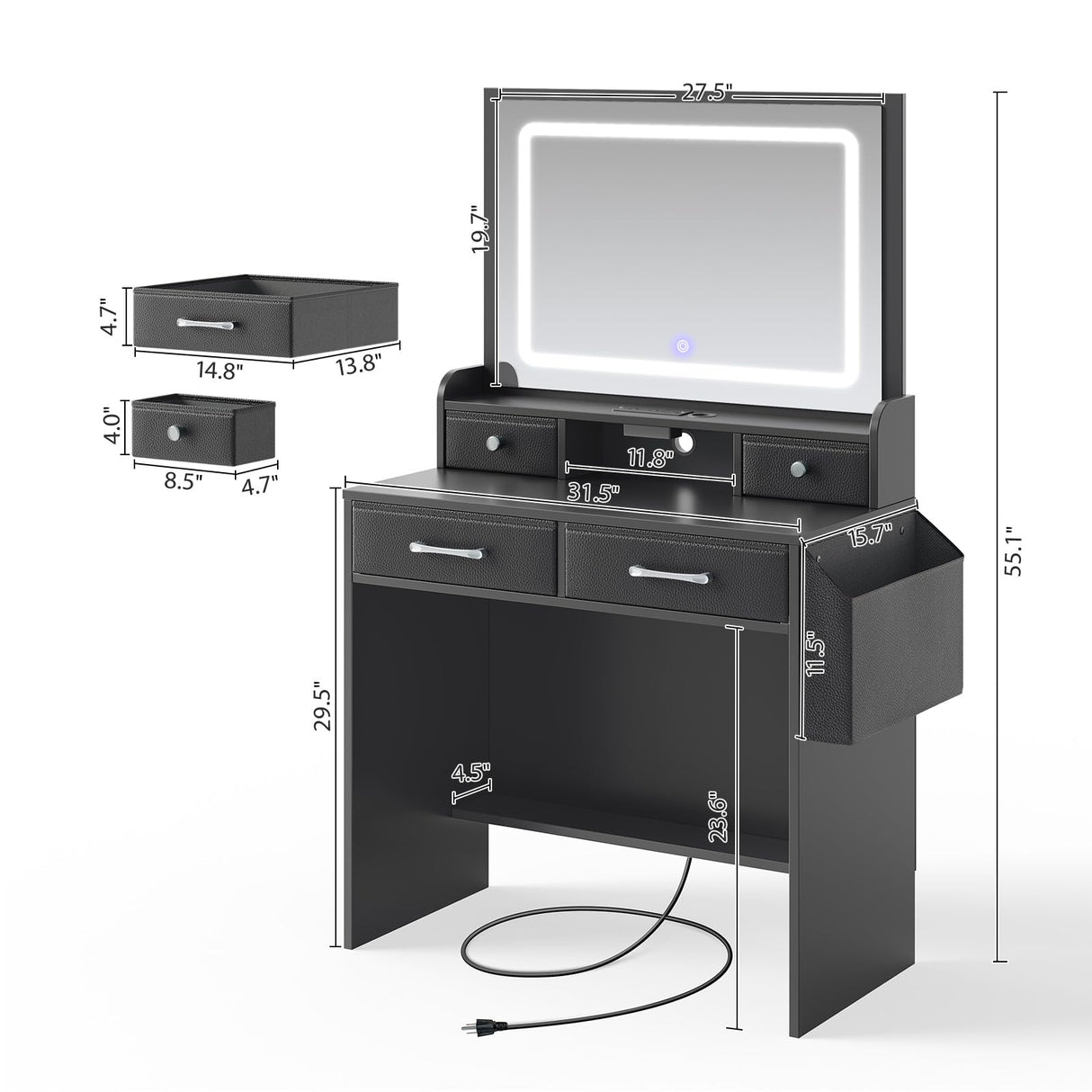 Rolanstar Vanity Desk with LED Lighted Mirror, Makeup Vanity with 4 Fabric Drawers, Power Outlet, Modern Vanity Desk for Bedroom & Dressing Room, Black Rolanstar