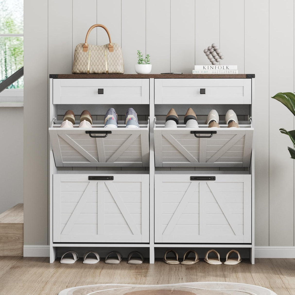 Halitaa Shoe Storage Cabinet with 4 Flip Drawers & 2 Drawers,Shoe Cabinet Storage with Legs for Entryway,Freestanding Shoes Organizer Cabinet,Farmhouse Shoe Rack Cabinet,White Halitaa