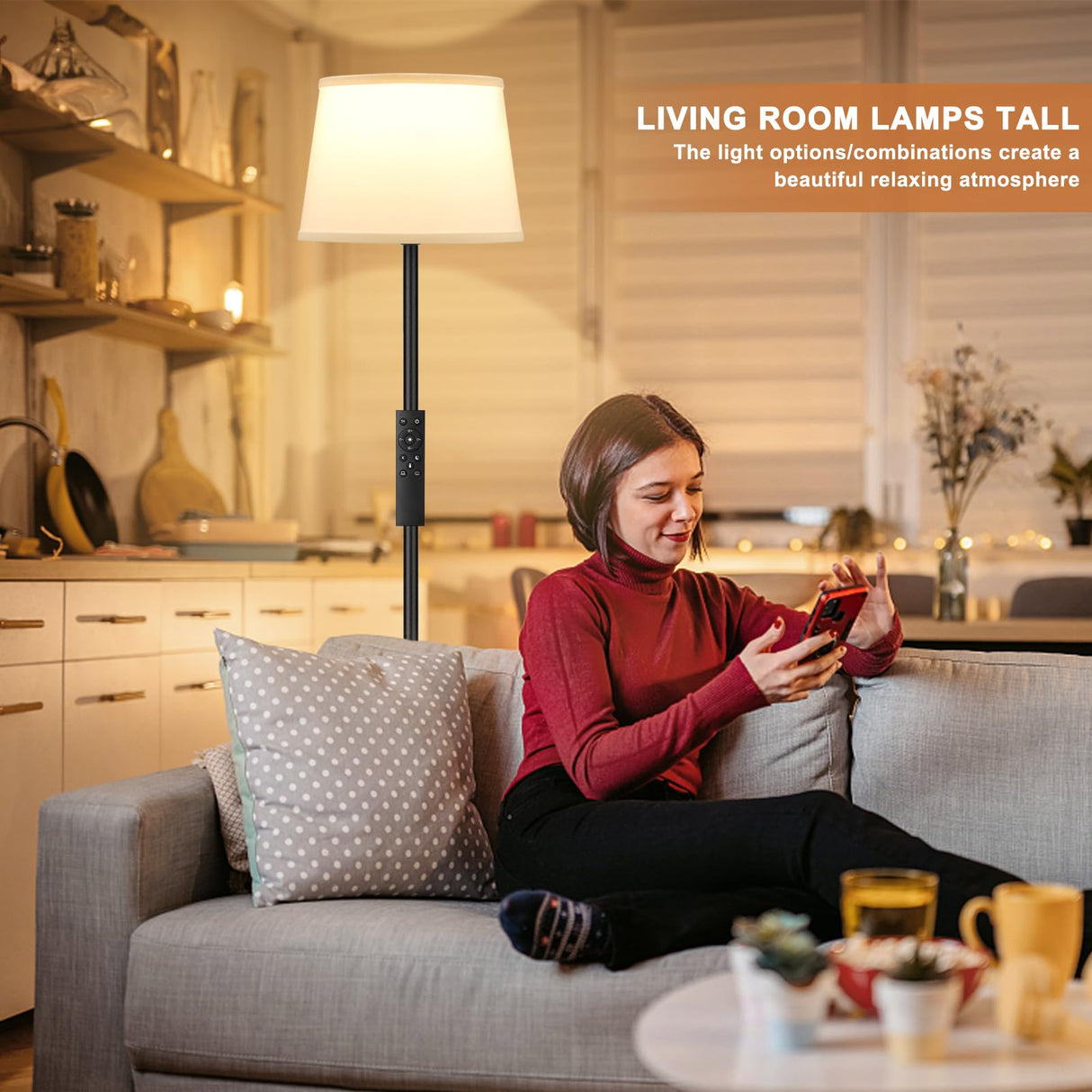 Raexpectis Modern Floor Lamp with Adjustable Brightness, Remote Control, Black, LED Bulbs, White Shade, Foot Switch, Easy Assembly Raexpectis