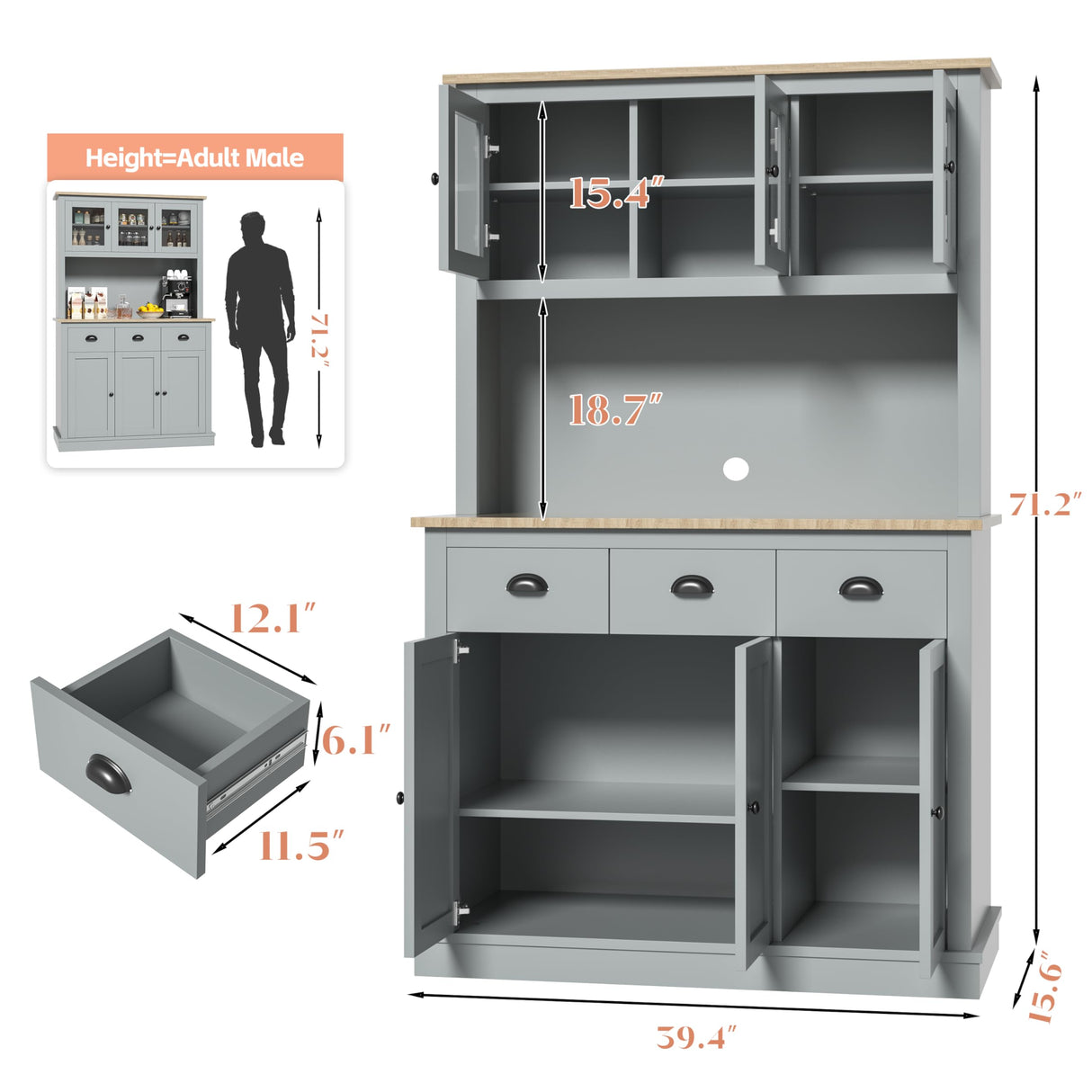 MU 71" Kitchen Hutch Storage Cabinet with Countertop, Tall Freestanding Kitchen Pantry Cabinet with Drawers, Drawers & Microwave Shelf, China Hutch for Kitchen, Dining Room, Living Room, Grey MU