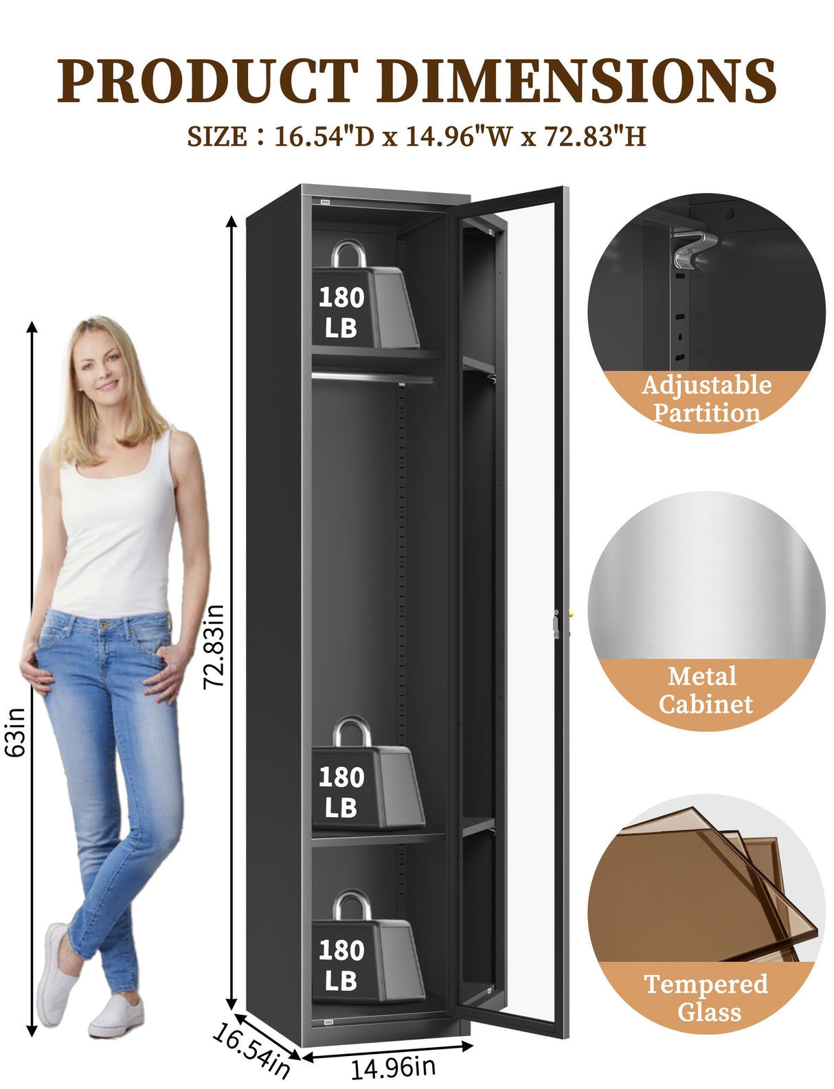 VCGGAIP Metal Locker 0rganizer for Employees with Lock, Amber Glass Door Cabinet with Mirror,Lockable Lifetime Locker for Home, Office, Gym, School, Garage,Black (Single Door, Black) VCGGAIP