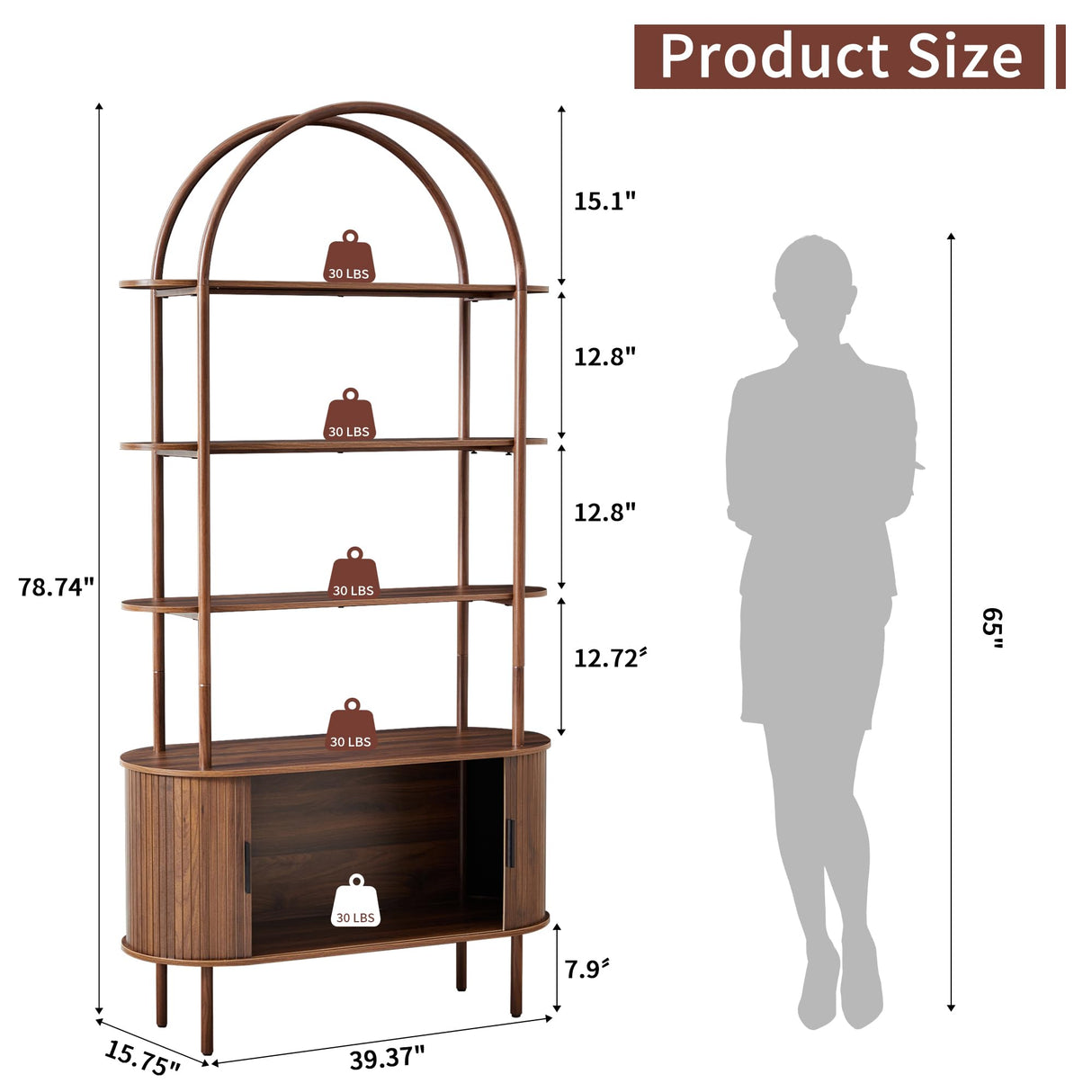79" Tall Arched Bookshelf with Sliding Tambour Doors, Mid Century Modern Curved Bookcase Cabinet with Storage, 4-Tier Open Display Storage Shelf for Home Office,Living Room (Walnut, 79inch) Janmer Home