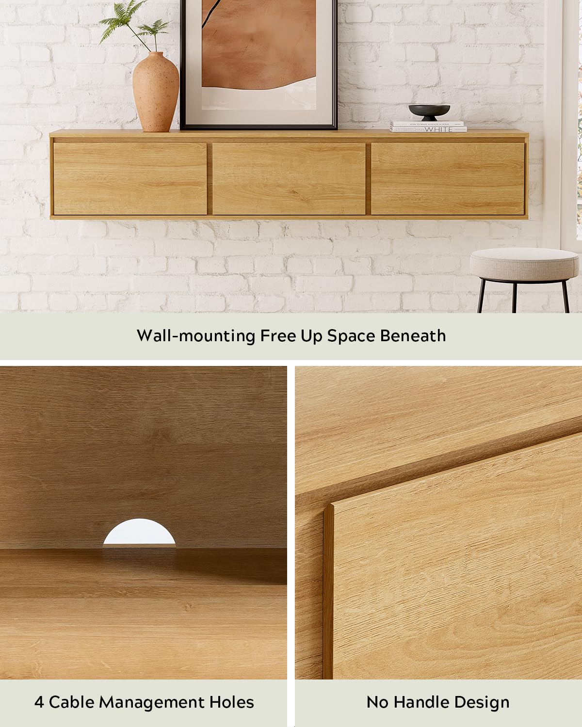 EYYTHUNG Floating TV Stand, 65" Farmhouse Wall Mounted Media Console with Storage, Cable Management, Modern Entertainment Center for 75 Inch TV, Living Room and Bedroom, Natural Oak EYYTHUNG