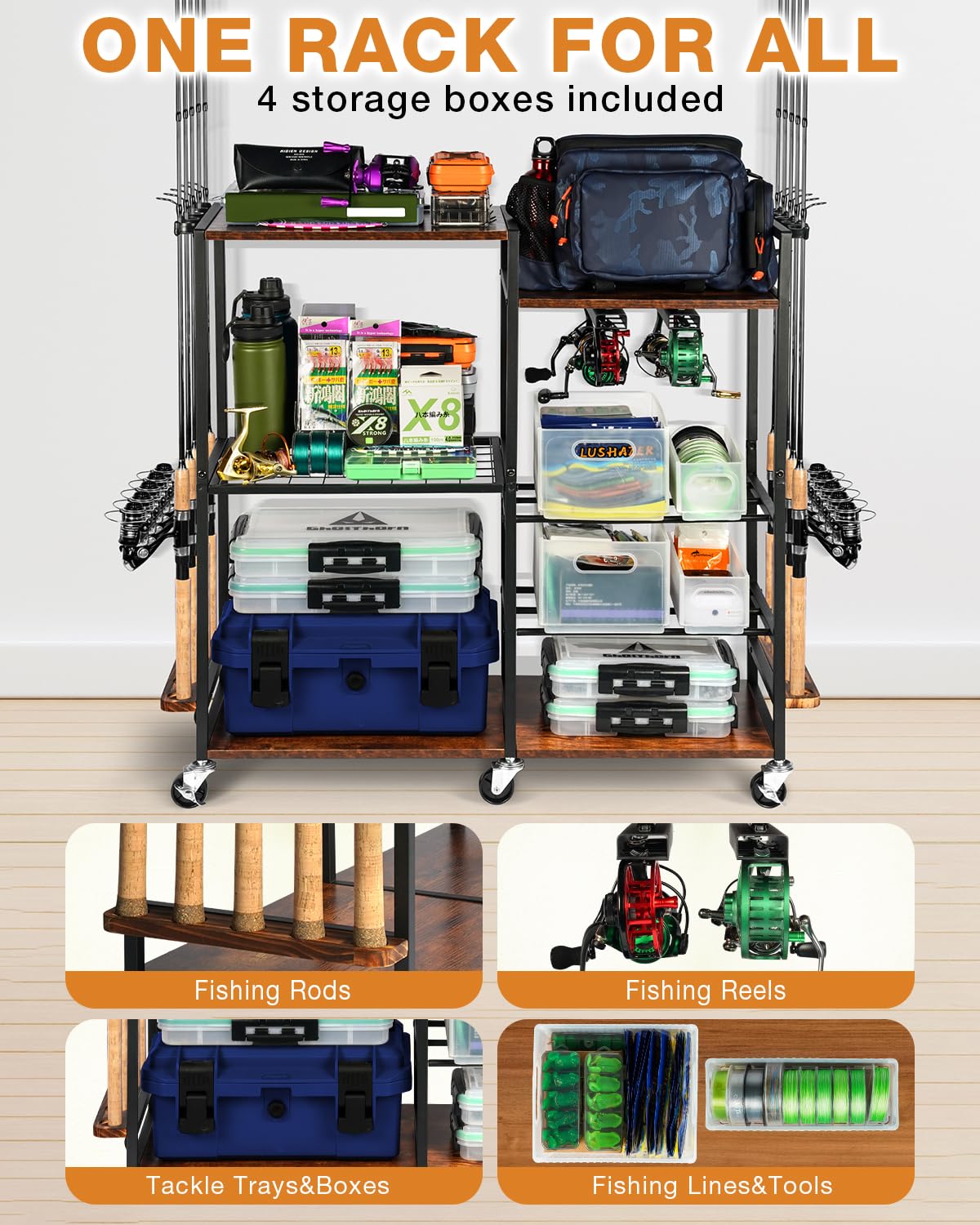 Ghosthorn Fishing Rod Holders for Garage Fishing Pole Rack Containers Included, up to 10 Rods Tackle Box Reel Storage Fishing Rod Rack Rotating Cart Fishing Gear Equipment Organizer Ghosthorn
