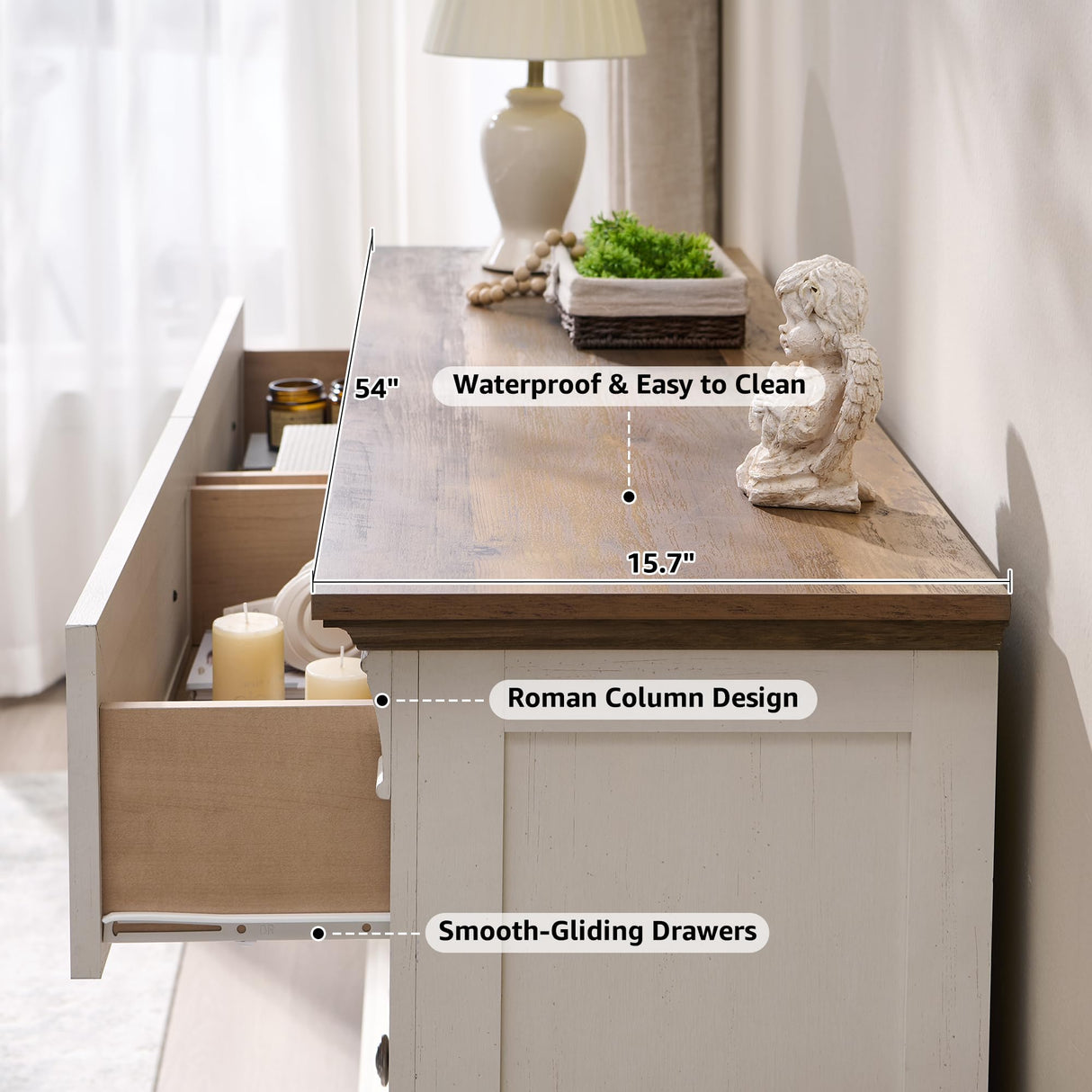 Farmhouse 6 Drawers Dresser for Bedroom, 54" Wide Large Dressers & Chests of Drawers w/Roman Column, Wooden Dresser TV Stand with Large Drawers for Nursery Bedroom Living Room Hallway, Antique White T4TREAM