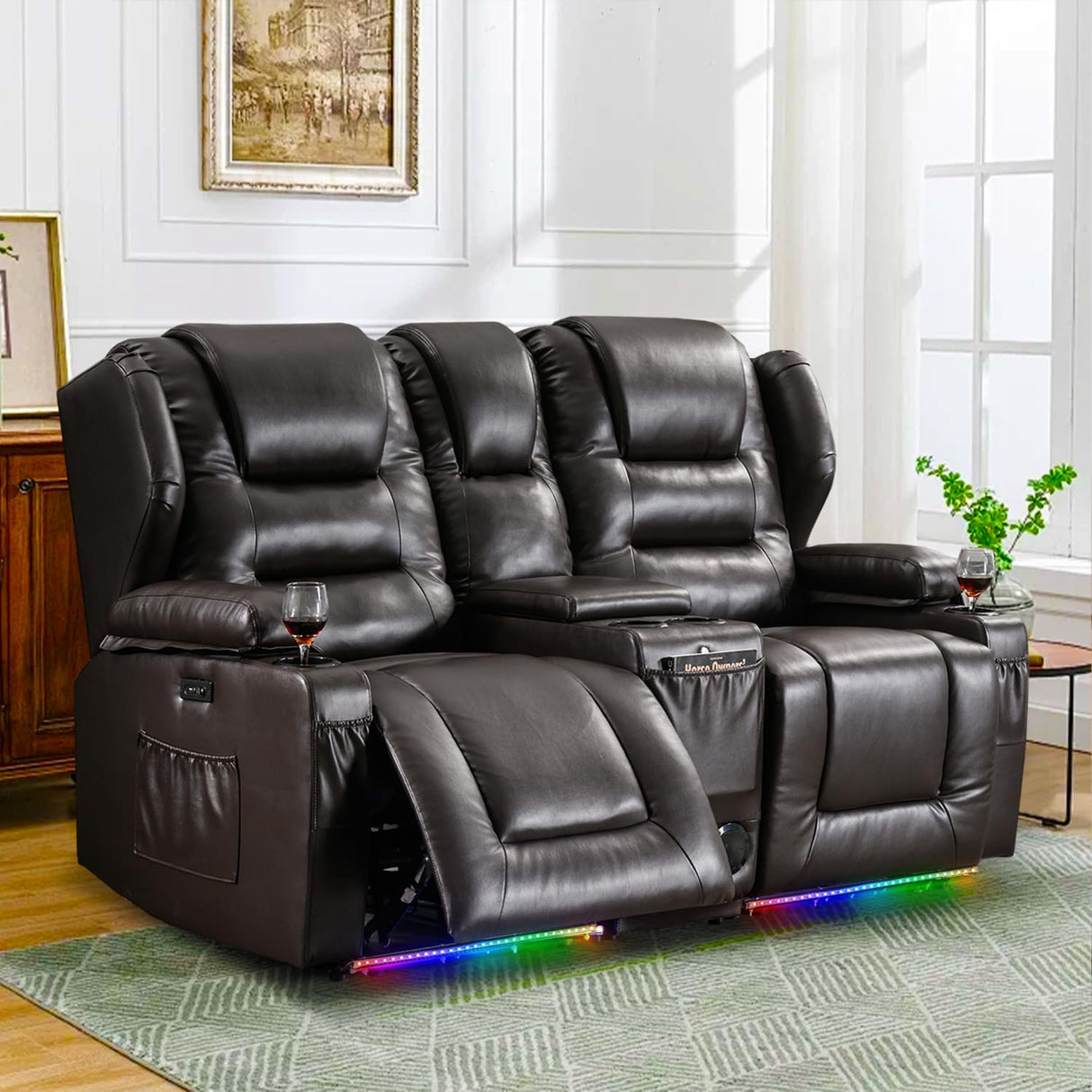 Oprisen 2-Seater Power Loveseat Recliner Electric Reclining Sofa Couch Wall Hugger Recliner Home Theater Seating w/Multi-Function Console/Cup Holders/LED Ambient Light Oprisen