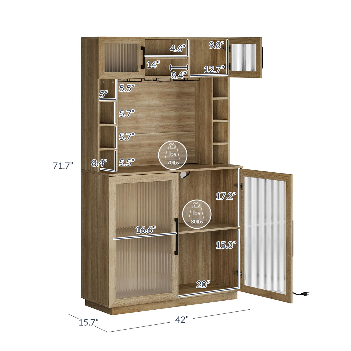 BELLEZE Coffee Wine Bar Cabinet with Power Outlet, 72" Rustic Liquor Cabinet, Tall Fluted Buffet Cabinet with Storage Kitchen Pantry Cupboard Wine& Glasses Rack Server with Hutch for Home Dining Room, BELLEZE