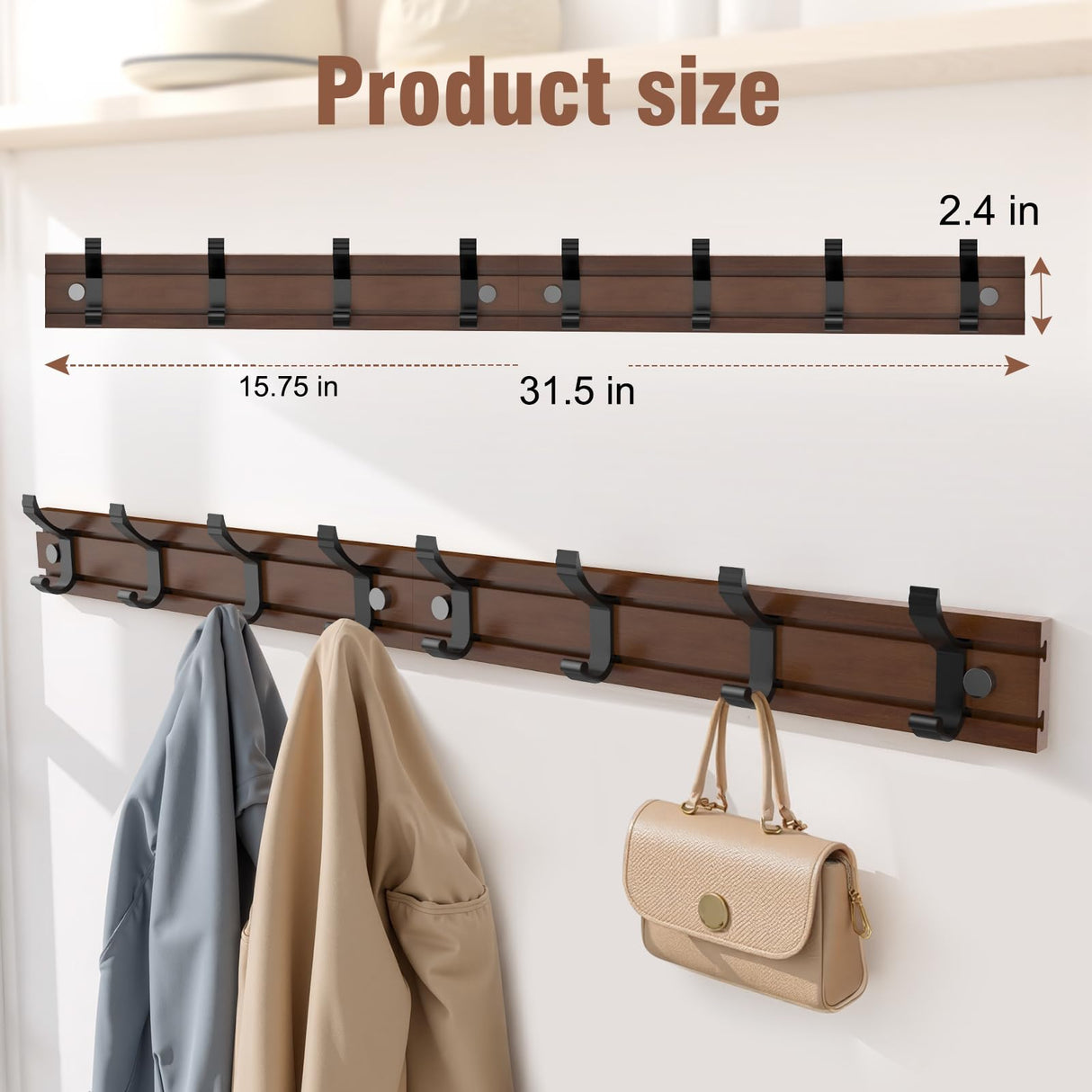 HAVEDAWN Adjustable Coat Rack Wall Mount, Coat Hooks with 8 Sliding Dual-Tier Hooks, Heavy Duty Hanger for Jackets, Hats, Solid Pine Wood & Metal, Farmhouse Chic Entryway Organizer, Easy Install HAVEDAWN