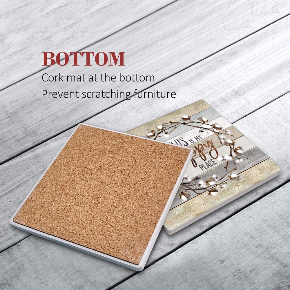 Britimes Coaster for Drinks Set of 6, Worn Wood Absorbent Square Ceramic Stone Mat, with Cork Base and Metal Holder, Gift for Housewarming Room Bar Decor Britimes
