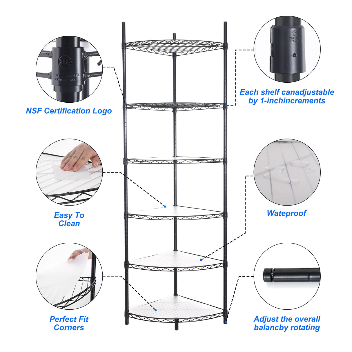 6 Tier NSF Metal Corner Shelf Wire Shelving Unit, 420lbs Capacity Heavy Duty Adjustable Storage Rack with Shelf Liners for Closet Kitchen Bathroom Garage Basement, 72" H x 18" L x 18" D - Black pouseayar
