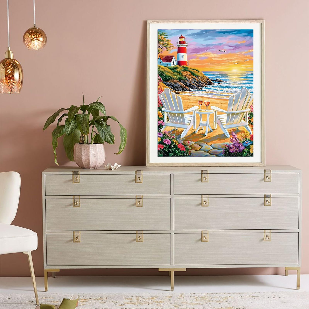 Miwixy Beach Diamond Art Kits for Adults,Lighthouse Sunset Diamond Painting Kits,5D Full Drill Diamond Dots Paintings,Round Diamond Art Canvas for Beginners Home Wall Decor 12 x 16 Inch Miwixy