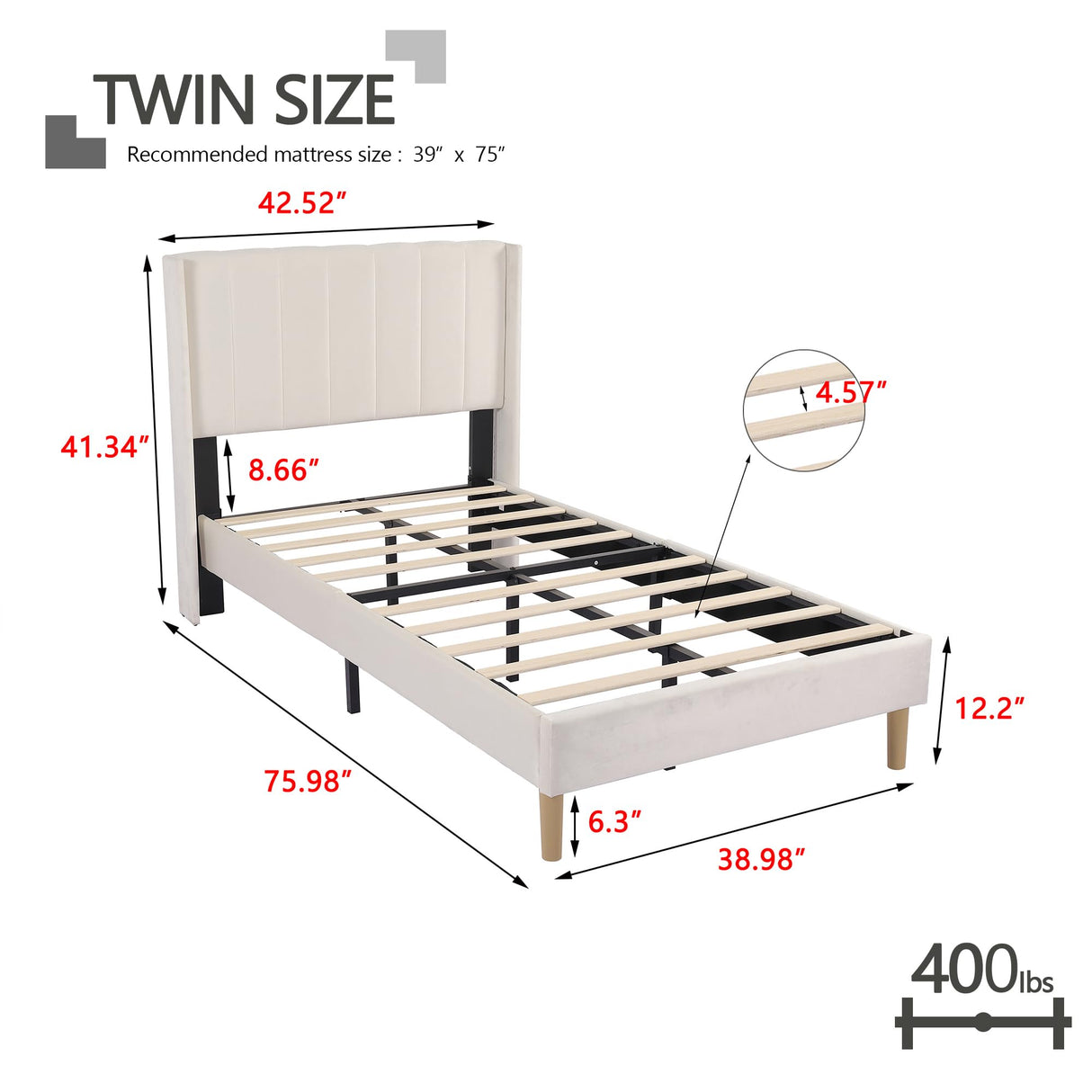 Zoophyter Upholstered Platform Bed Frame Twin Size with Headboard,Strong Wooden Slats Support No Box Spring Needed Easy Assembly Beige Velvet Zoophyter