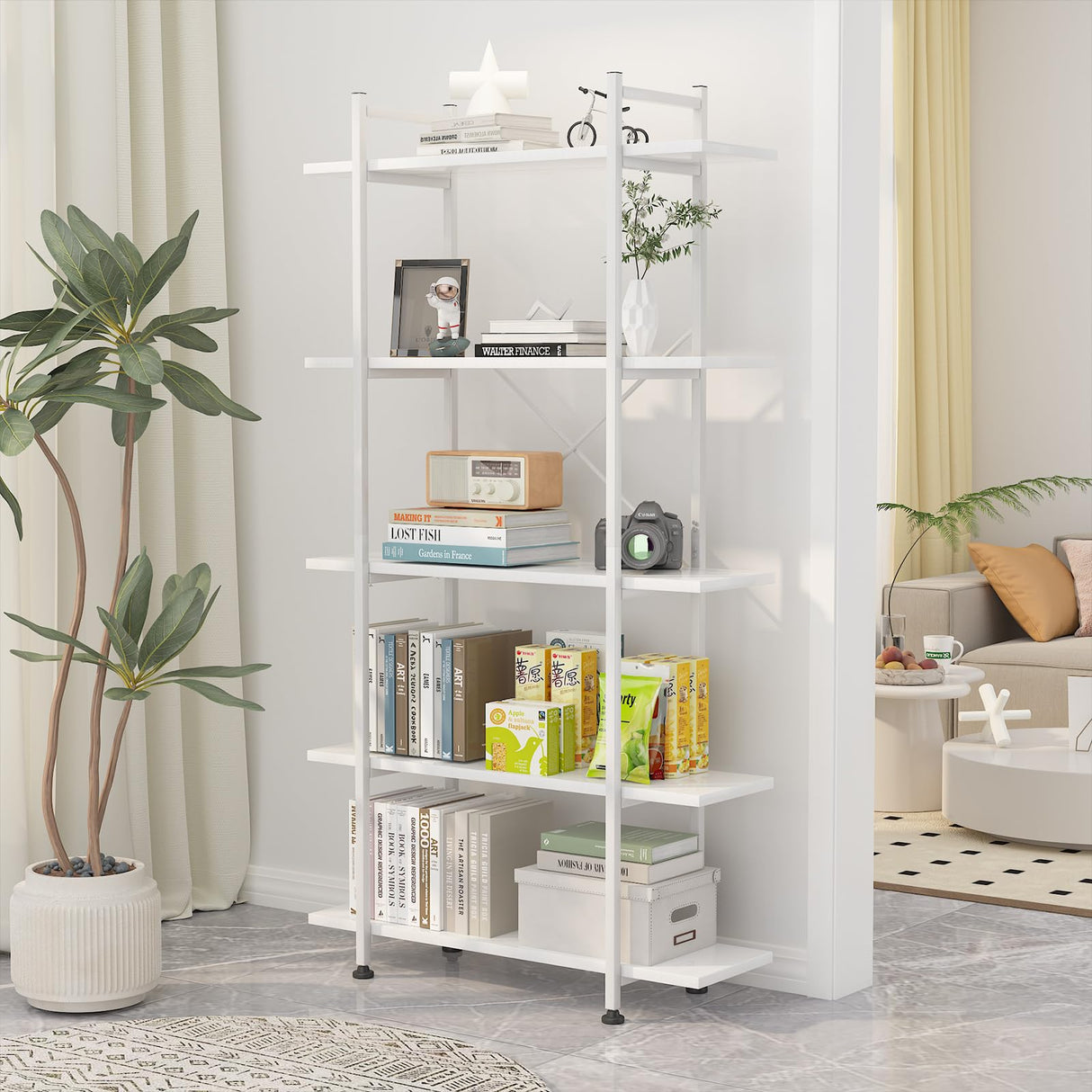 Azheruol 5-Tier Modern White Wooden Bookshelf - Versatile Open Storage Bookcase for Home Office and Study Azheruol