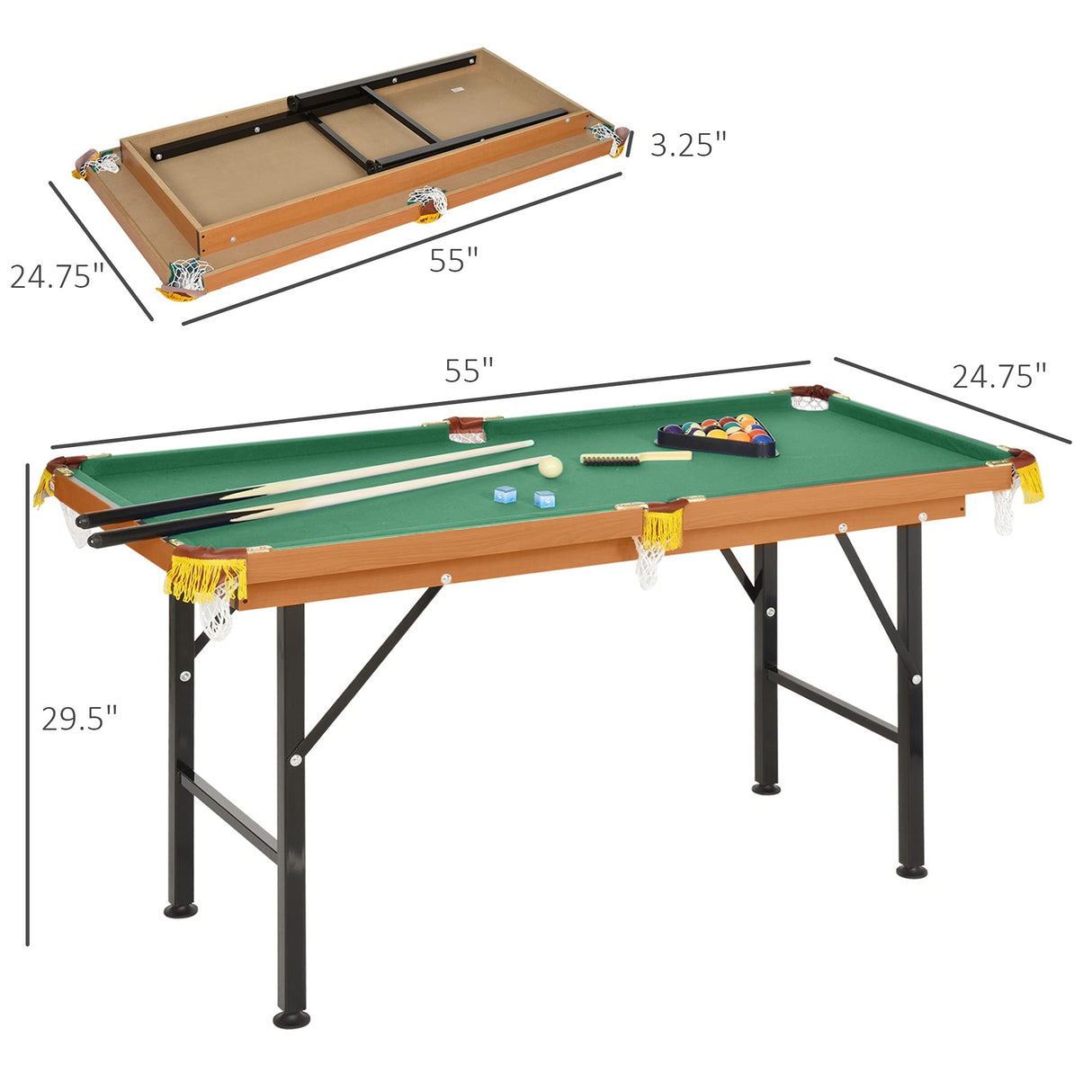 Soozier 55" Portable Folding Billiards Table Game Pool Table for Whole Family Number Use with Cues, Ball, Rack, Chalk, Green HOMCOM