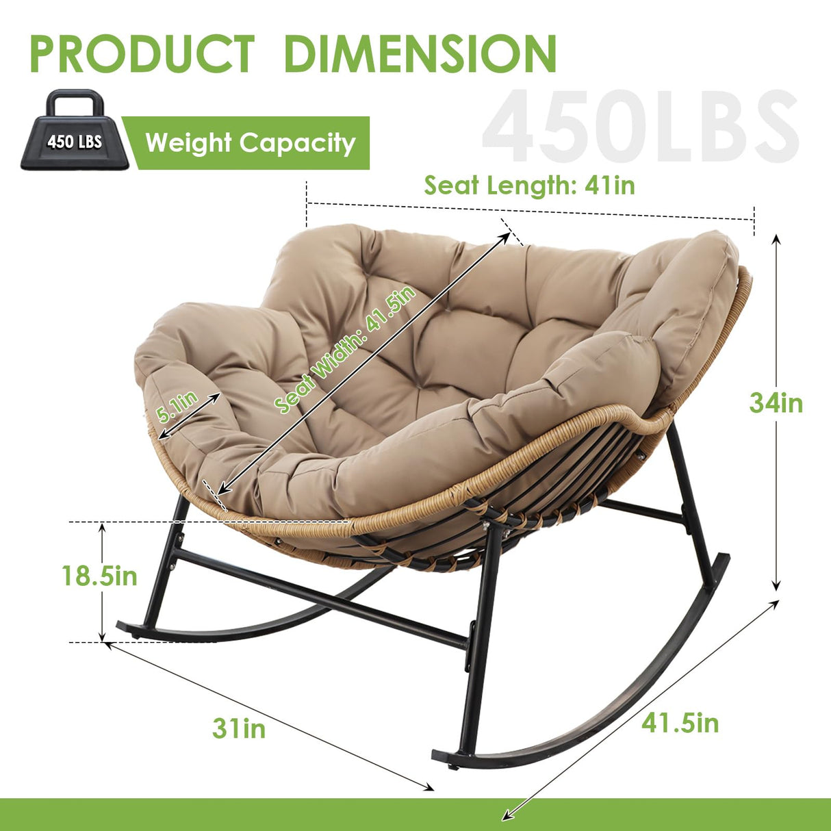 RADIATA Rocking Egg Chair with Thicken Cushion, Indoor Outdoor Oversized Rocker Lounge Chair, Water Resistant Cushion Cover, Metal Frame 450 lbs Weight Capacity, for Patio, Porch, Garden, Bedroom RADIATA