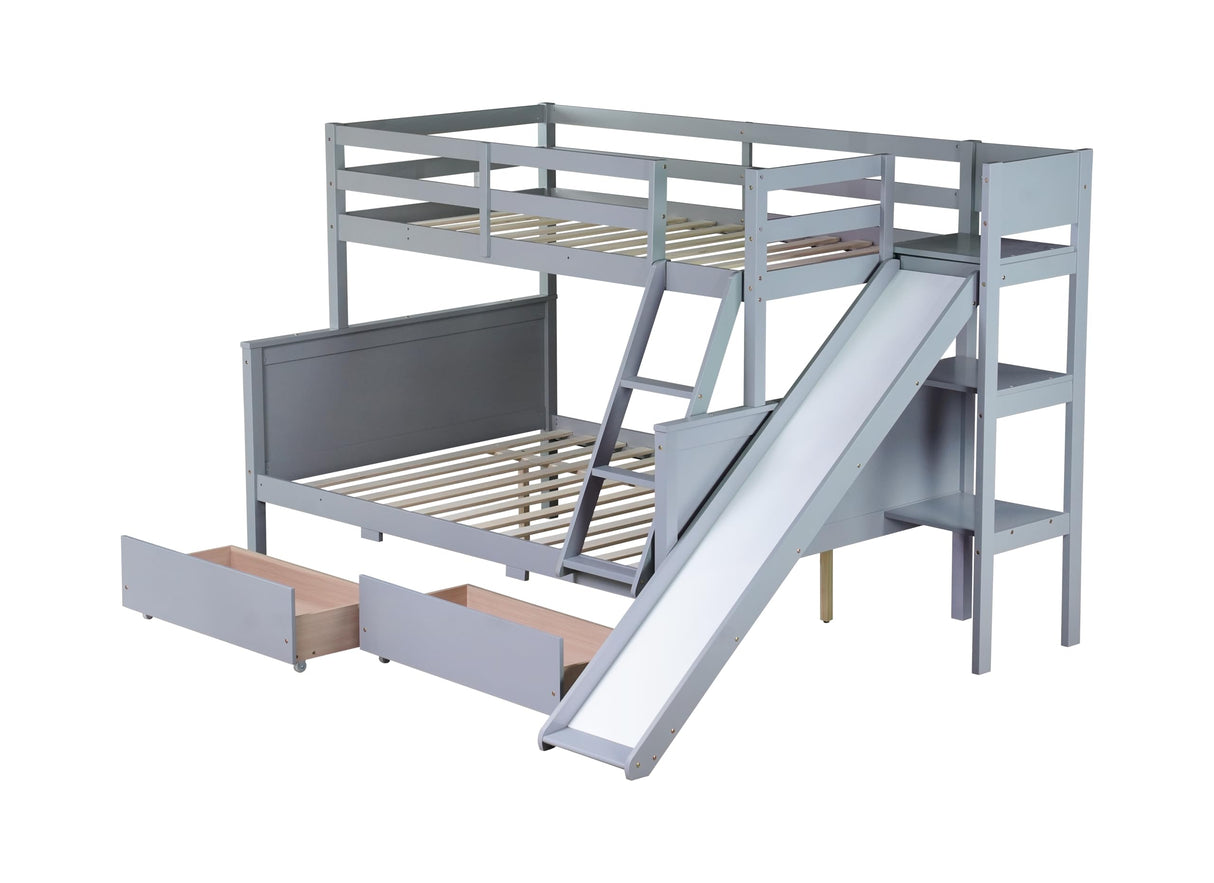 Bellemave Bunk beds Twin Over Full Size Slide and Stair, bunk Bed with Storage, Twin Over Full bunk beds for Kids, Floor bunk Bed, Low bunk Bed for Kids,Grey Bellemave