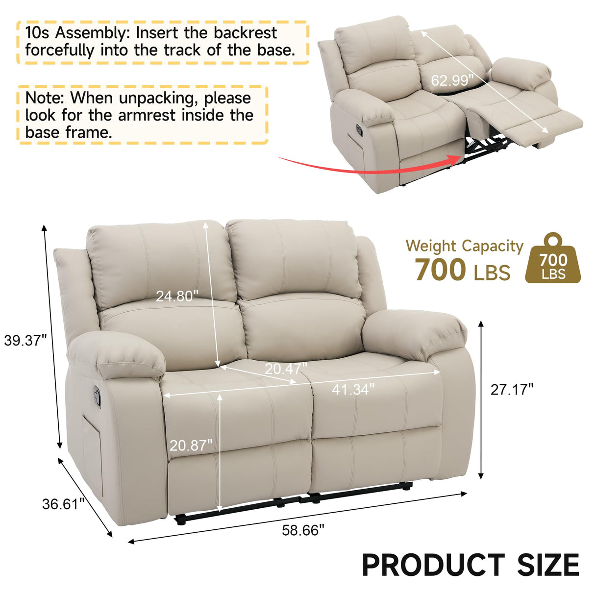 GNMLP2020 Reclining Loveseat Sofa Leather Recliner Couch 2 Seater Sofa for Living Room, Home Theater Seating(Loveseat,Beige) GNMLP2020