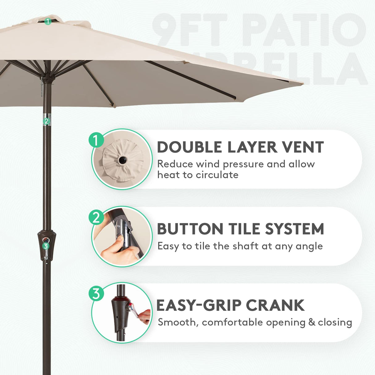 JEAREY 9FT Outdoor Patio Umbrella Outdoor Table Umbrella with Push Button Tilt and Crank, Market Umbrella 8 Sturdy Ribs UV Protection Waterproof for Garden, Deck, Backyard, Pool (Beige) JEAREY