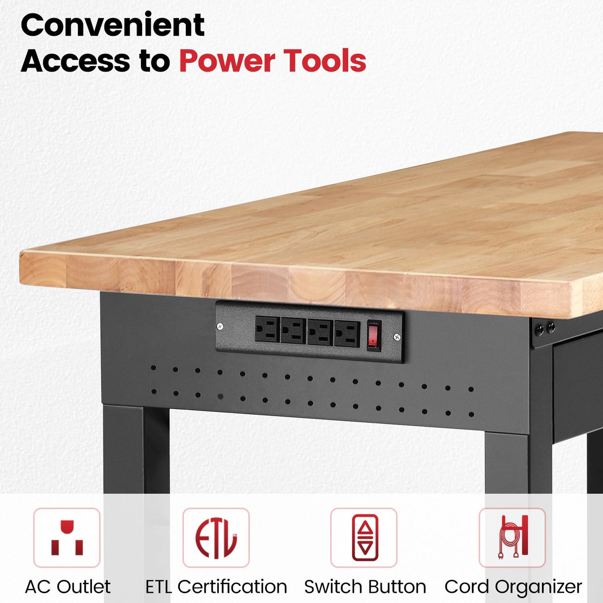 ENJOYWOOD Workbench with Shelf Bracket 48 x 24 Inch Heavy Duty Rubberwood Tabletop Work Table Adjustable Height Work Bench with Drawer, Power Outlets for Garage Woodworking Shop, Home, Office ENJOYWOOD