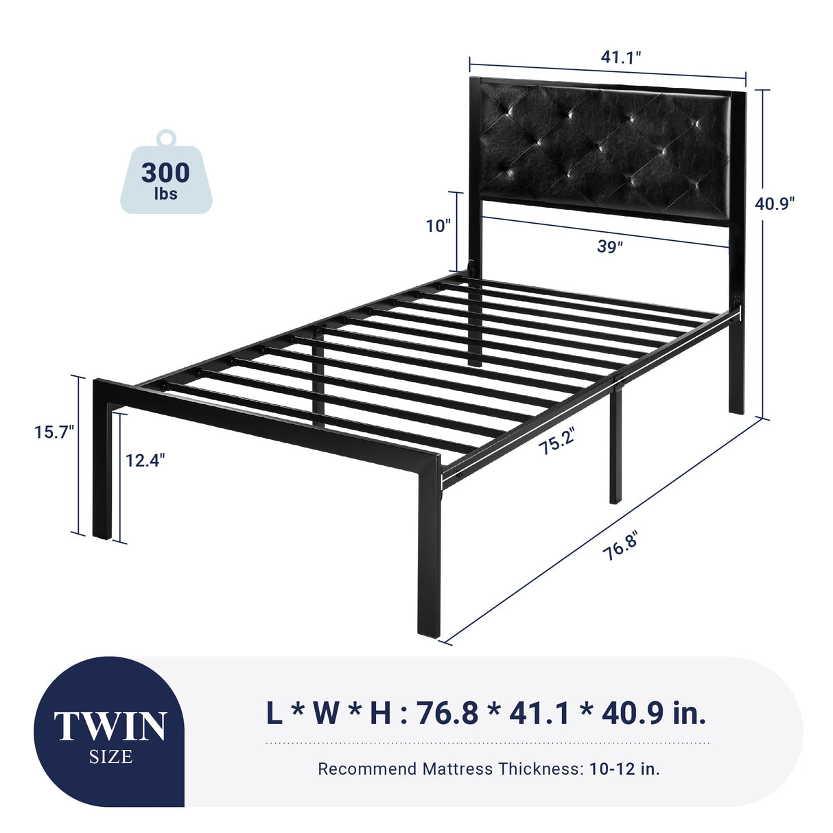 Allewie Twin Bed Frame with Faux Leather Upholstered Headboard, Chic Diamond Stitched Tufted Design, No Box Spring Needed, Black Allewie