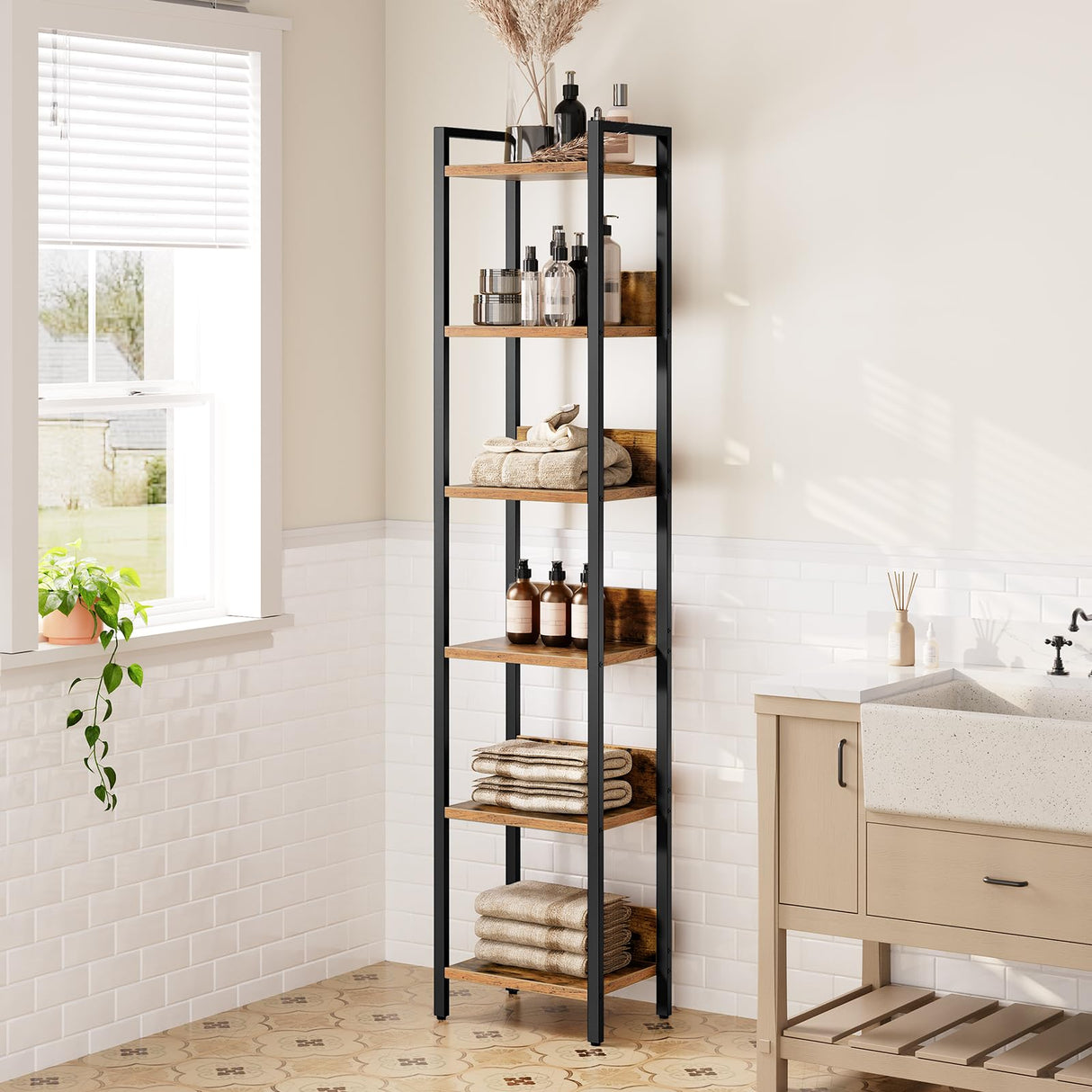 MAHANCRIS Bookshelf, 6-Tier Bookcase, Standing Book Shelf for Small Space, Storage Shelf Organizer, for Living Room, Bedroom, Study, Balcony, Rustic Brown and Black BKHR6601 MAHANCRIS