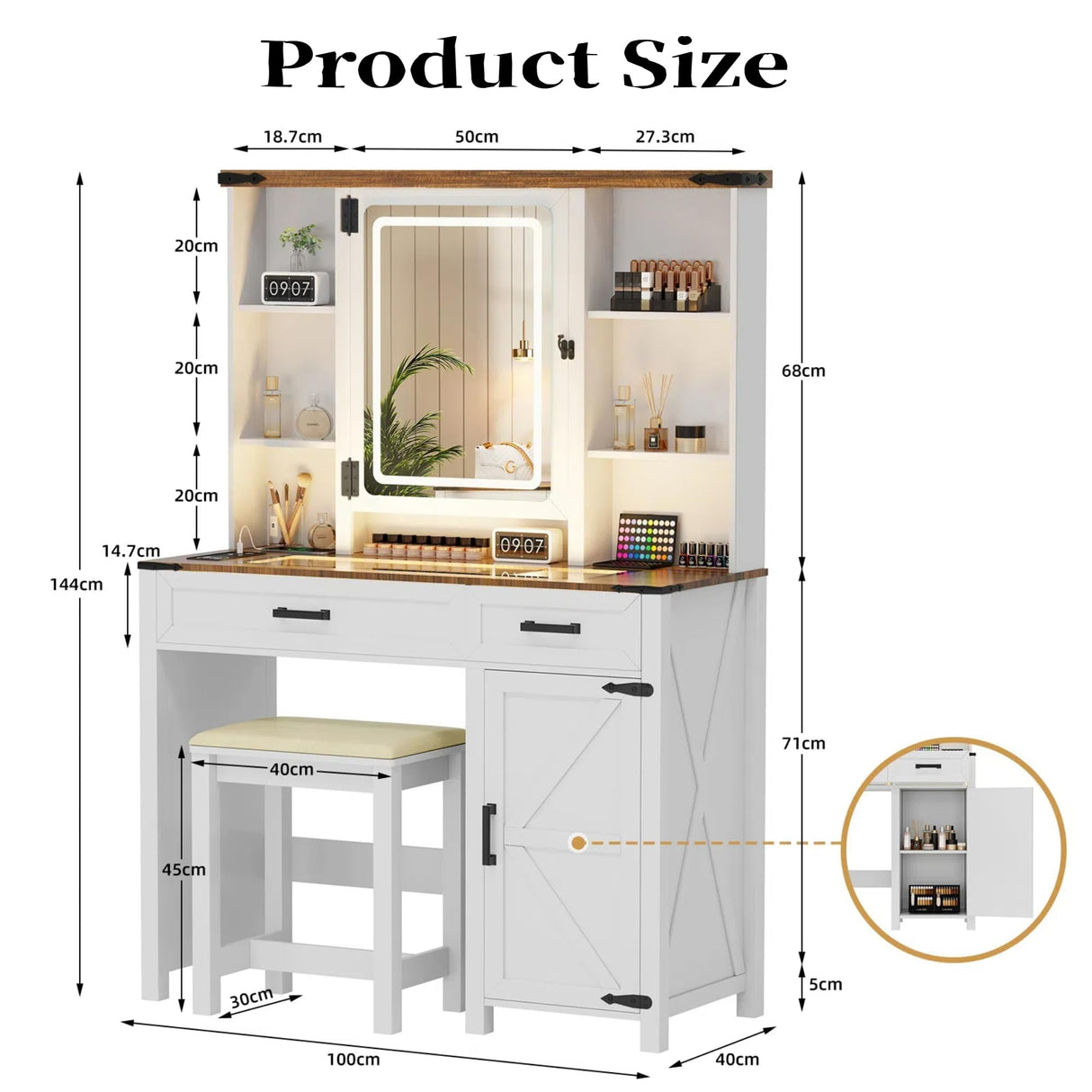 GlasFlength Farmhouse Makeup Vanity with Lighted Mirror,Vanity Desk with Charging Station,Vanity Table with Hidden Jewelry Cabinet,40'' Makeup Table with Glass Tabletop,Stool Included,Vintage White GlasFlength