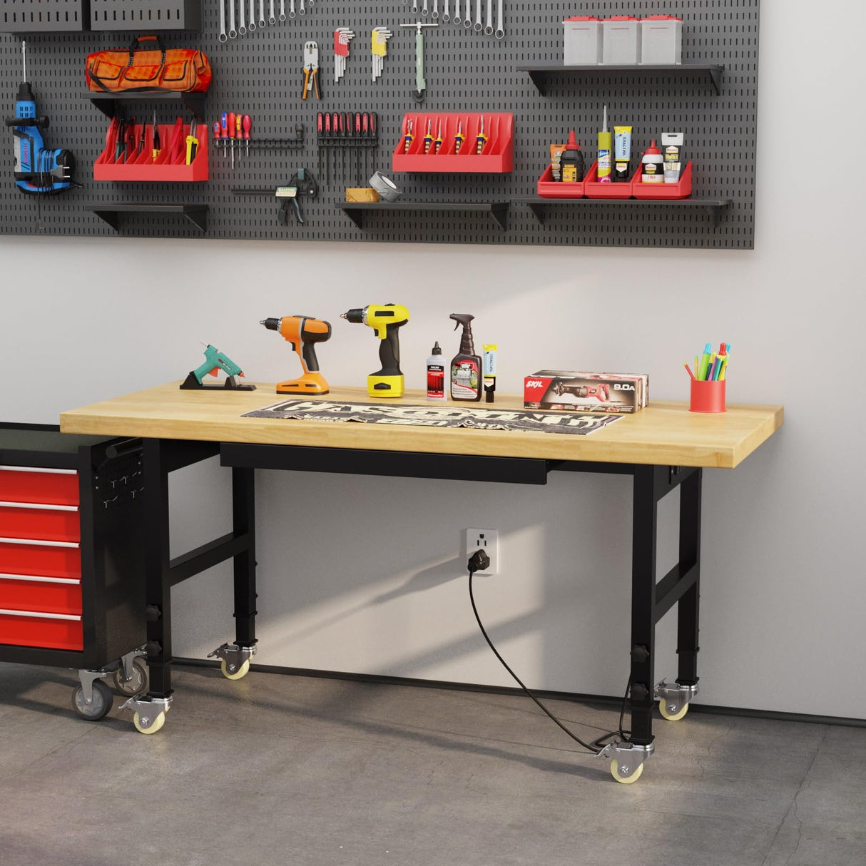 Pelnuies 60" Work Bench with Wheels, Adjustable Height Workbench with Drawers, Heavy-Duty Oak Wood Work Table with Power Outlets, 2000 LBS Capacity Workstation for Garage, Workshop, Office, Home Pelnuies