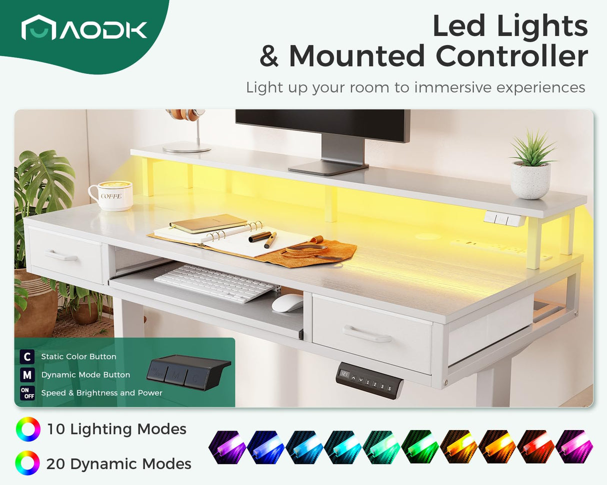 AODK Electric Standing Desk with Drawers & Keyboard Tray, 55 Inch Height Adjustable Gaming Desk with Power Outlets & LED Lights, Sit Stand Table with Monitor Stand for Home, Office, White AODK