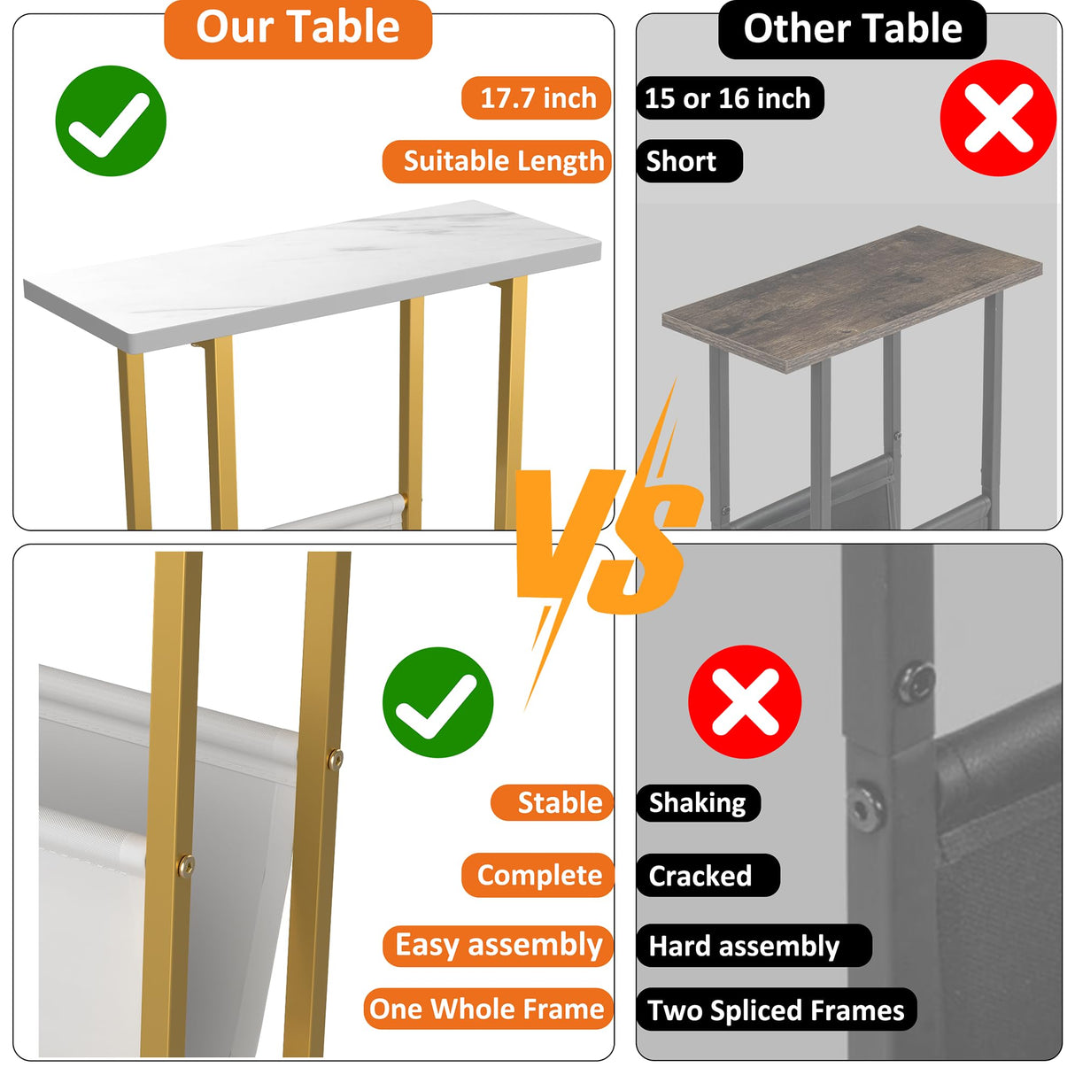 Yusong Small Narrow Side Table for Small Spaces, 17.7" W Slim End Table Magazine Table Nighstand with Storage Holder, Accent Skinny Snack Couch Bedside Table, Gold White, Complete Iron Pipes Yusong