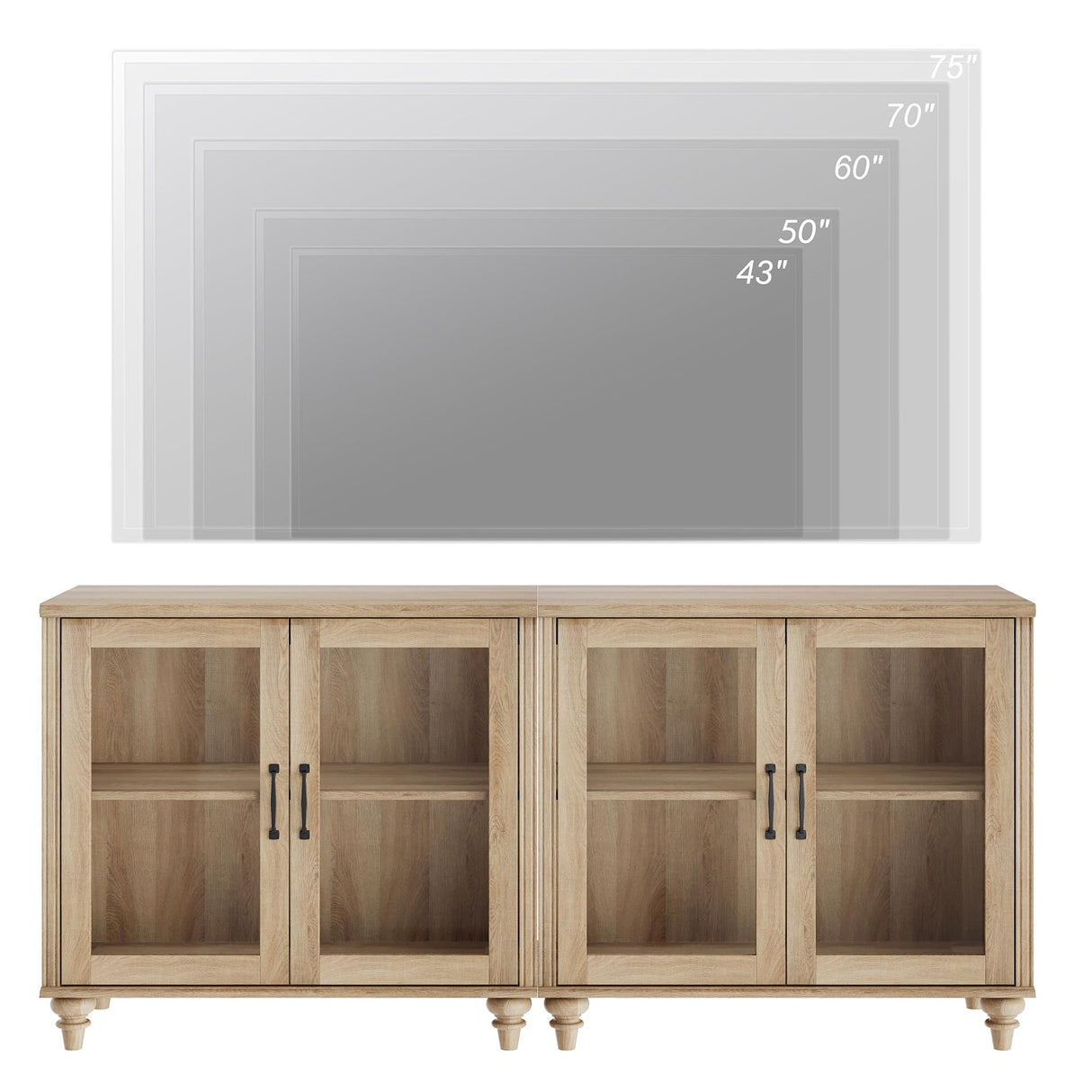 WAMPAT Farmhouse TV Stand for 75 inch TV with 4 Glass Doors, Wood Universal TV Stand with 4 Storage Cabinets, Oak Entertainment Center TV Console Table for Living Room, Bedroom WAMPAT