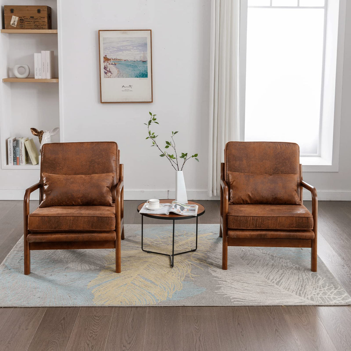 Mid Century Modern Accent Chair Set of 2 Living Room- Comfy Solid Wood Arm Chair with Lumber Pillow Lounge Decorative Brown Leather Office Side Chair Bedroom Reading Nook Sillas De Sala Microfiber Deolme