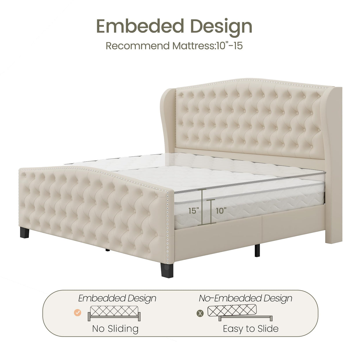 LARMACE King Size Bed Frame Velvet Upholstered Platform Bed with Wingback Headboard & Footbaord, Deep Button Tufted Bed Frame with Wood Slats Support, No Box Spring Needed, Beige LARMACE
