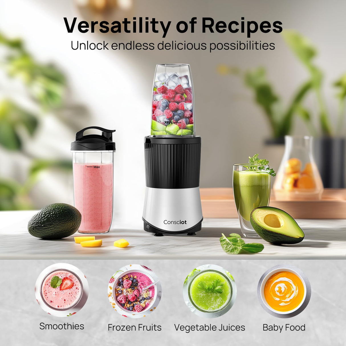 Consciot CB08 11-Piece Blender for Kitchen and Personal Size, Blend Shakes and Smoothies, Frozen Drinks, Baby Food, Spreads & More, 3 Portable To-Go Cups & 2 Spout Lids & 1 Solid Lid, 900 Peak Watts Consciot
