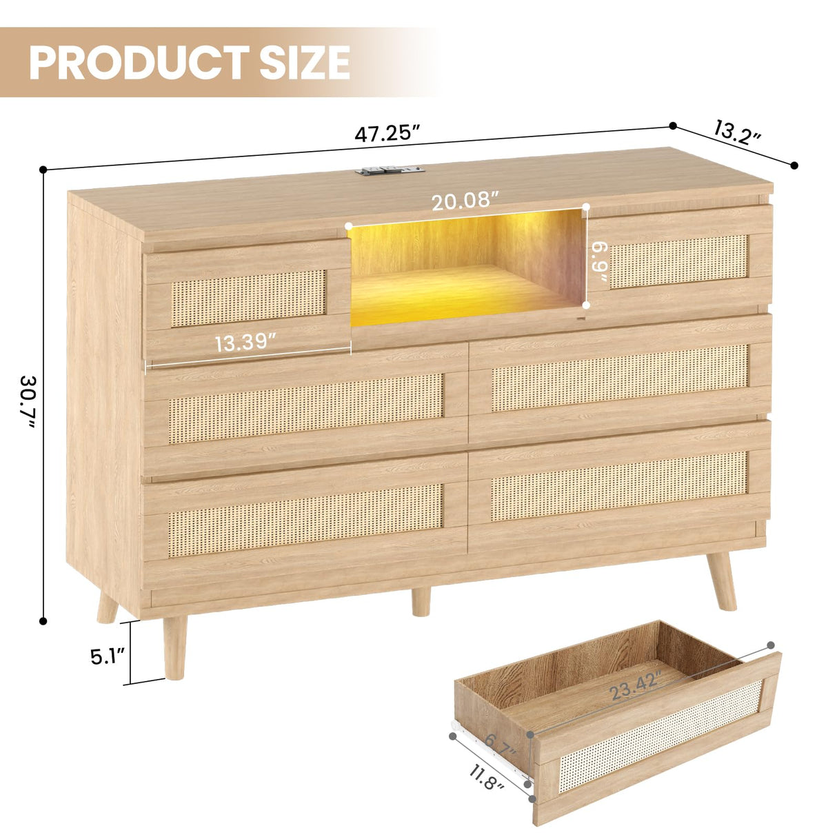 Hipicute Rattan Dresser for Bedroom with 6 Drawers, Natural Wood Dressers with LED Light and Charging Station, Rattan Chest of Dressers for Living Room, Entryway, Nursery, Hipicute