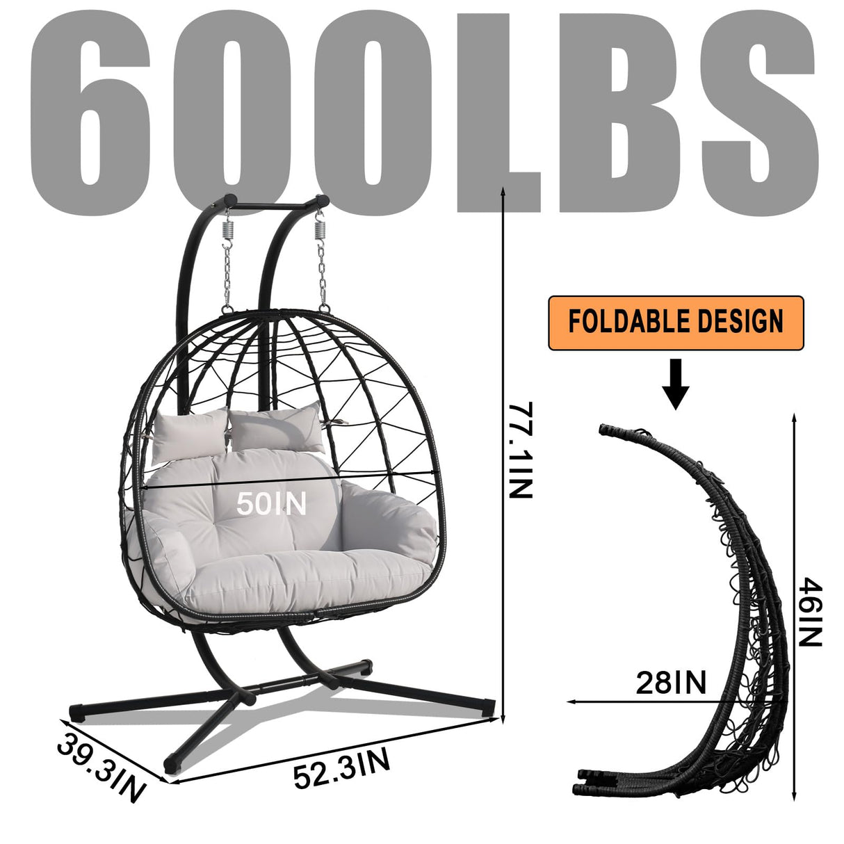 Double Hammock Egg Chair 2 Person Egg Chair Indoor Outdoor Swing with Stand Patio Wicker Hanging Chair Widened and Enlarged for Balcony Bedroom Porch Adults Kids VERASCOT