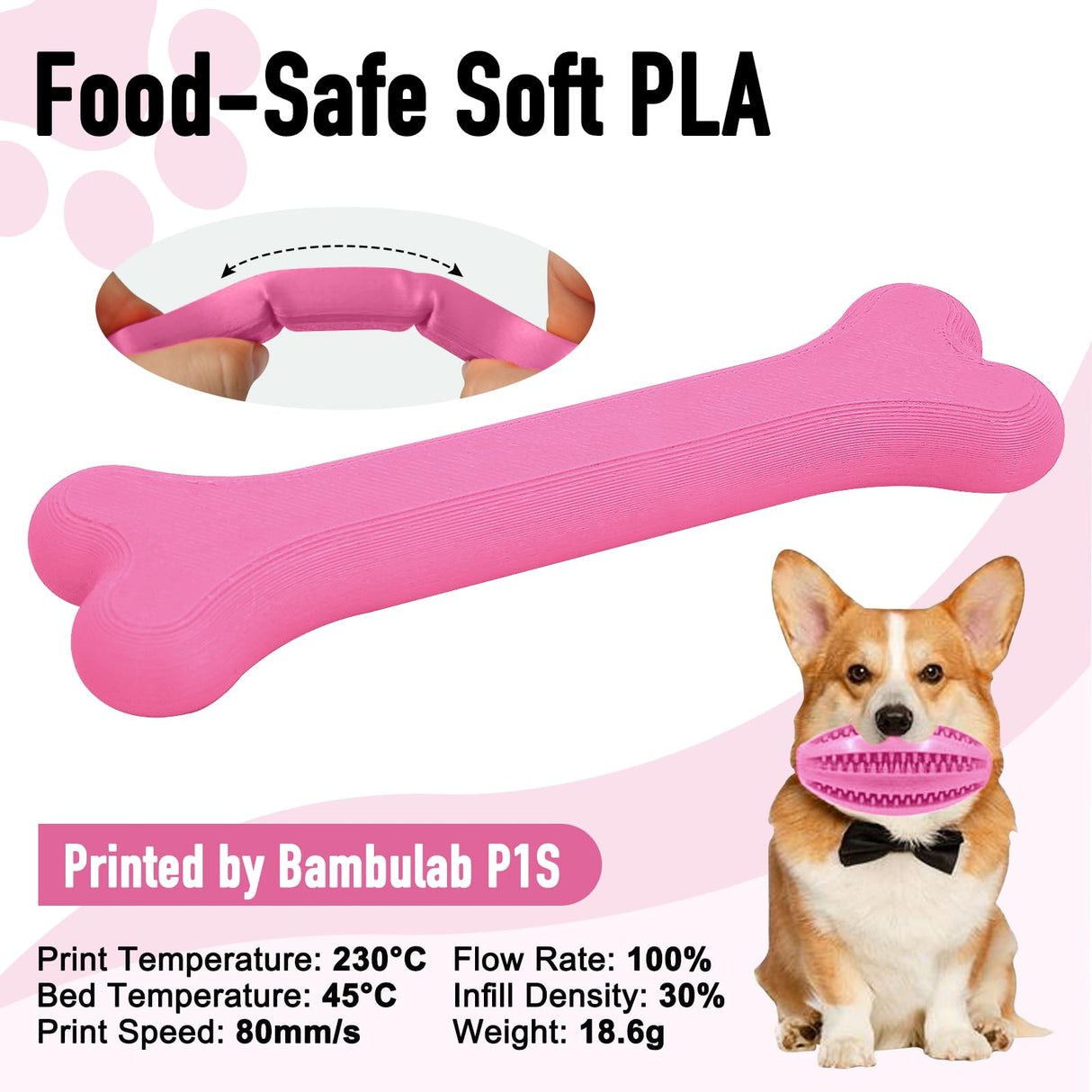 YXPOLYER Flexible PLA Food-Grade Soft PLA 3D Printer Filament 1.75mm 1KG for Printing Dog Chew Toys and Highly Elastic Bouncy Airless Basketball Pet Ball, Pink yxpolyer