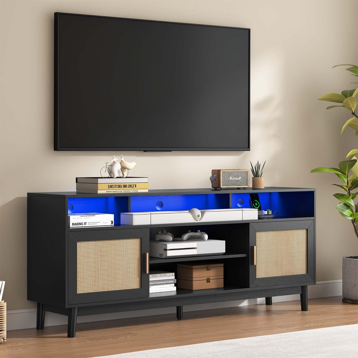 UPOSOJA TV Stand for 75 Inch TV Rattan TV Cabinet with Adjustable Shelf Storage, Modern LED Entertainment Center, Boho Media TV Console, Media TV Stands for Living Room Bedroom (Black) UPOSOJA